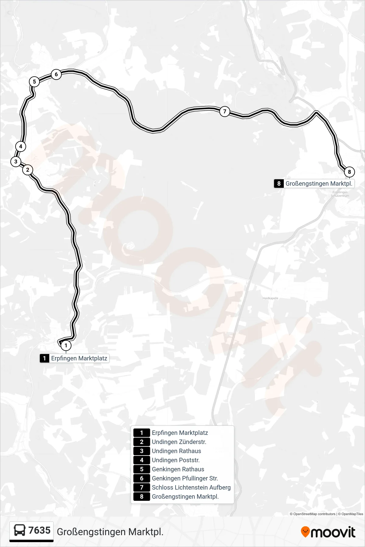 7635 bus Line (Großengstingen Marktpl.) route and stops on a map