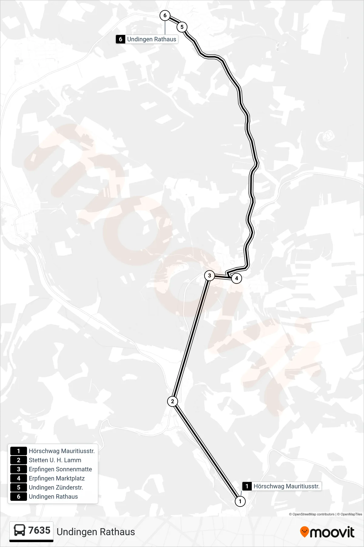 7635 bus Line (Undingen Rathaus) route and stops on a map