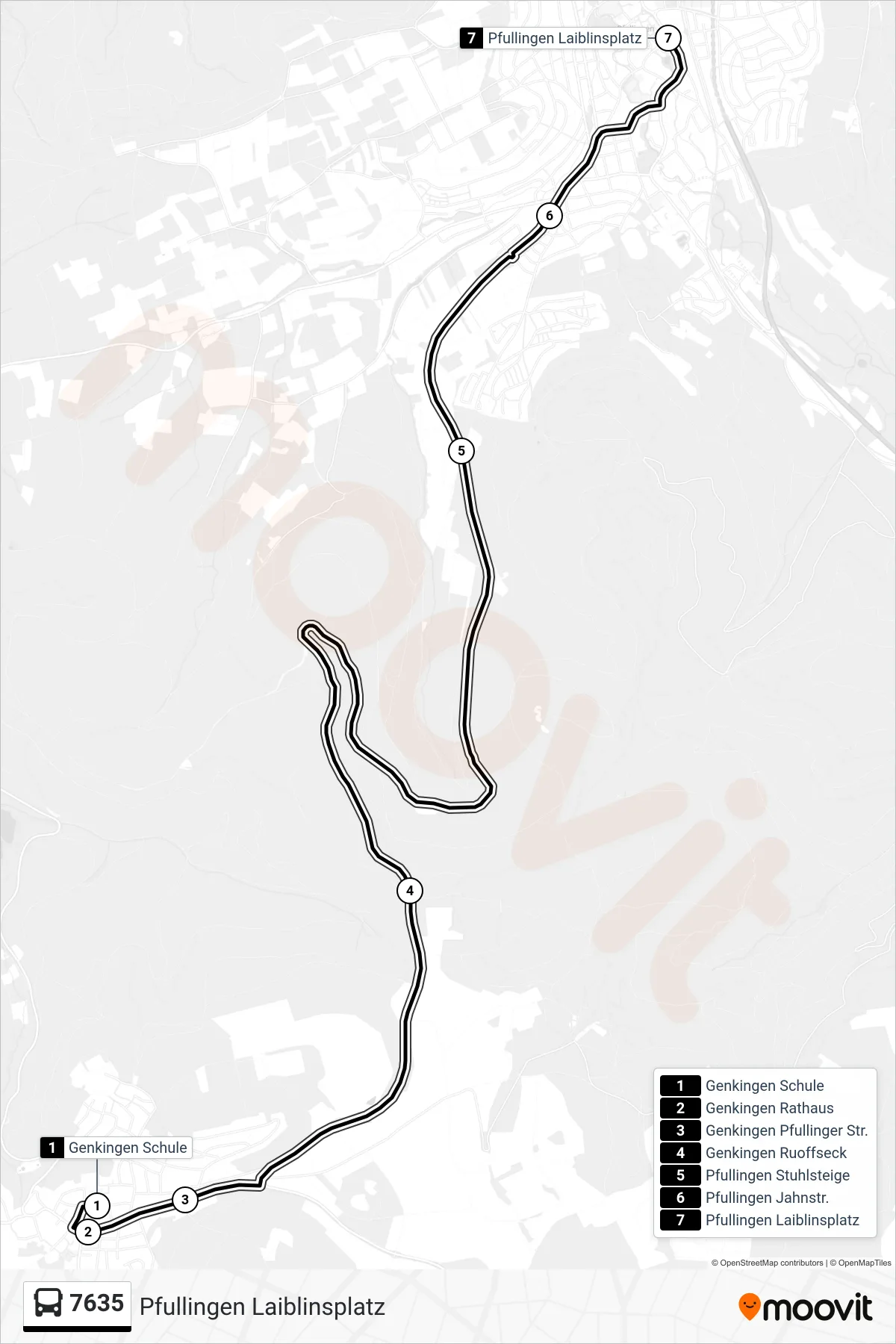 7635 bus Line (Pfullingen Laiblinsplatz) route and stops on a map