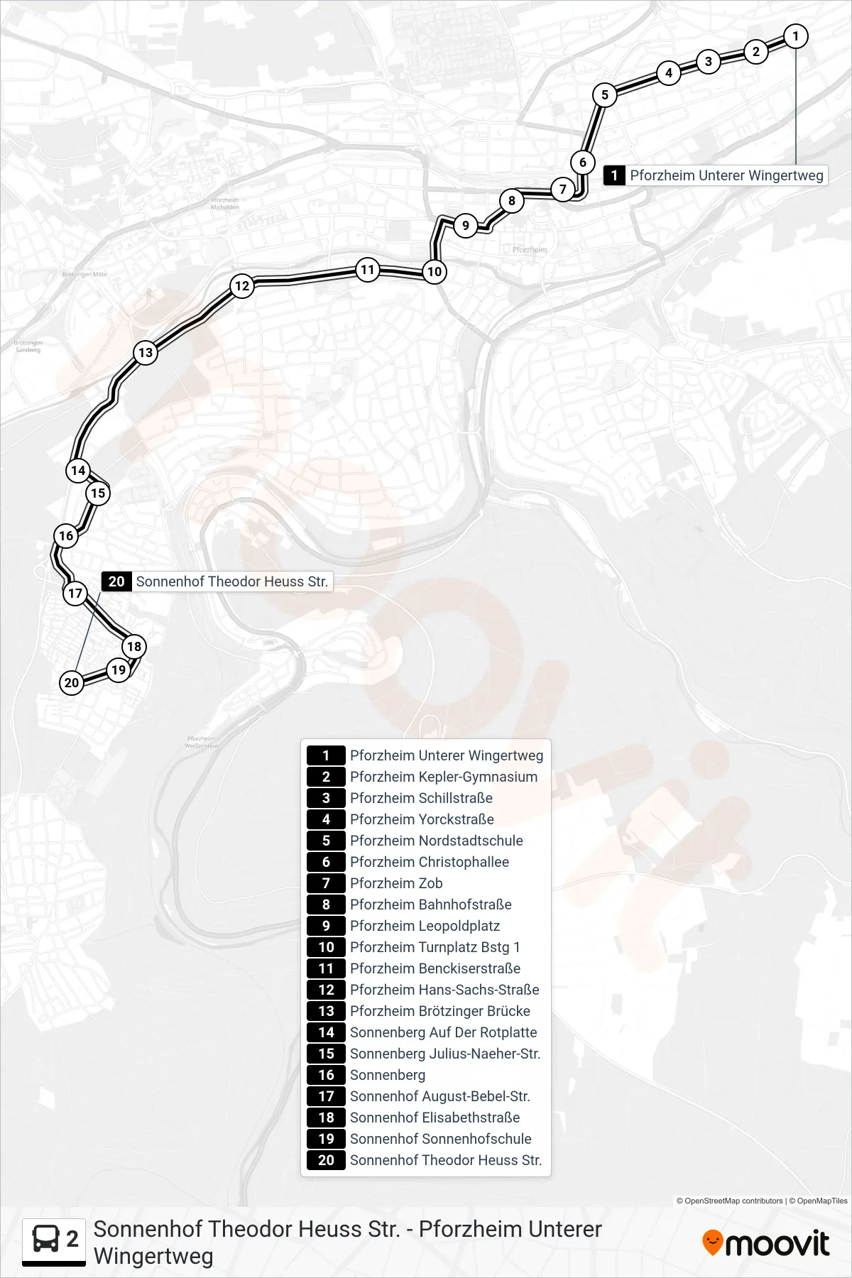 2 bus Line (Sonnenhof Theodor Heuss Str.) route and stops on a map