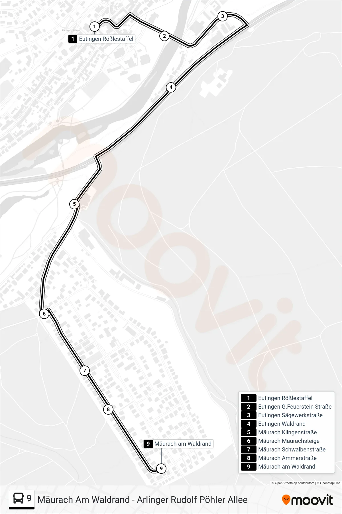 9 bus Line (Mäurach am Waldrand) route and stops on a map