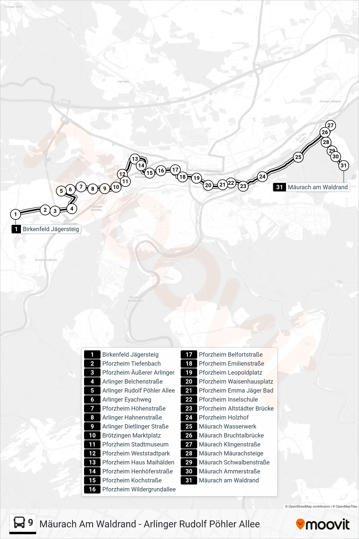 9 bus Line (Mäurach am Waldrand) route and stops on a map