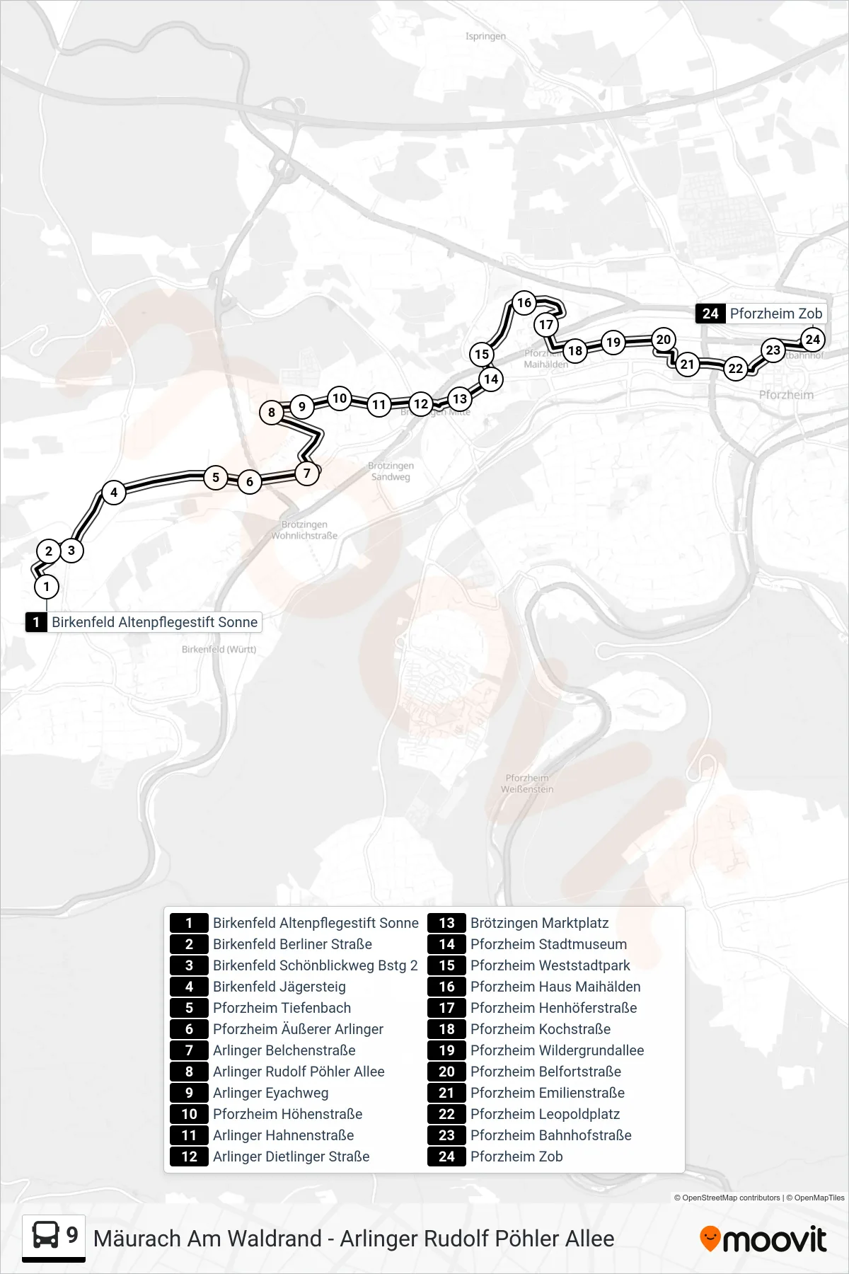 9 bus Line (Pforzheim Zob) route and stops on a map
