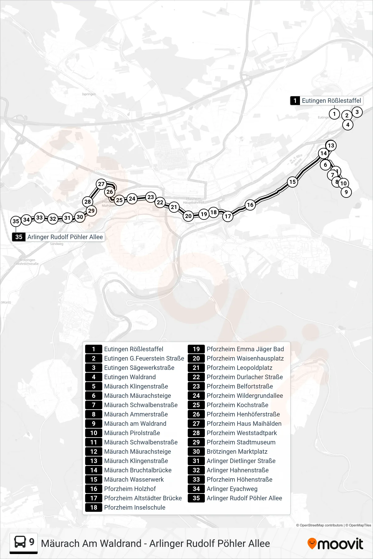 9 bus Line (Arlinger Rudolf Pöhler Allee) route and stops on a map