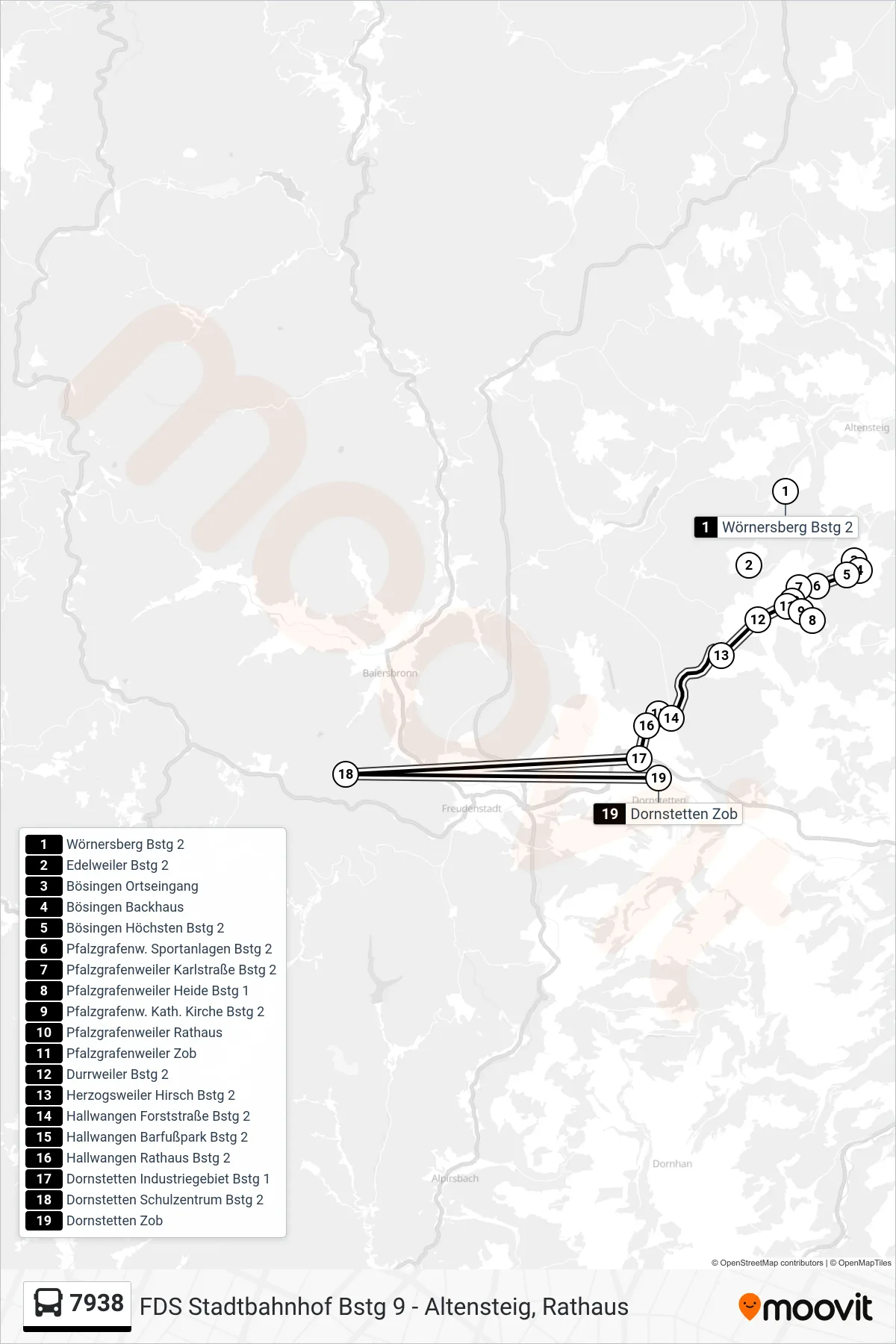 7938 bus Line (Dornstetten Zob) route and stops on a map