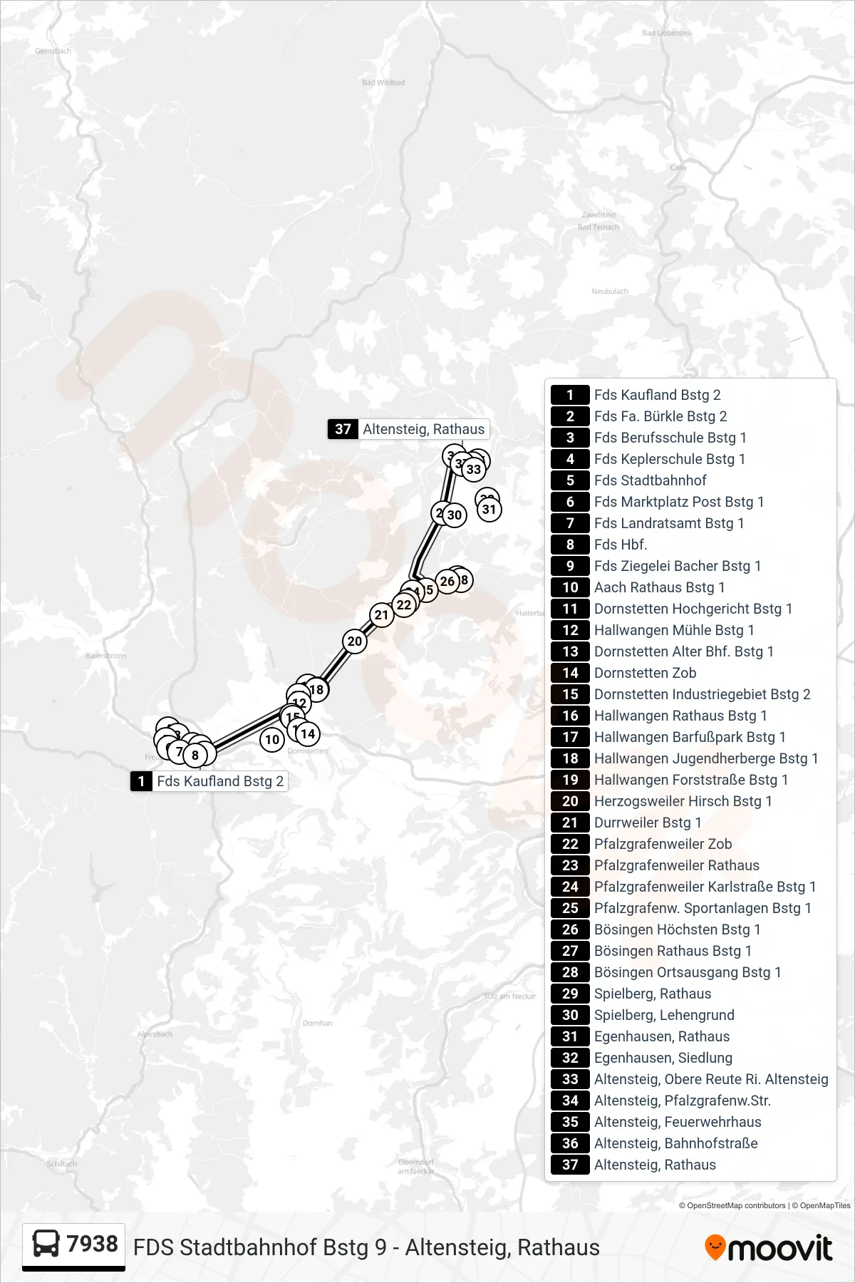 7938 bus Line (Altensteig, Rathaus) route and stops on a map