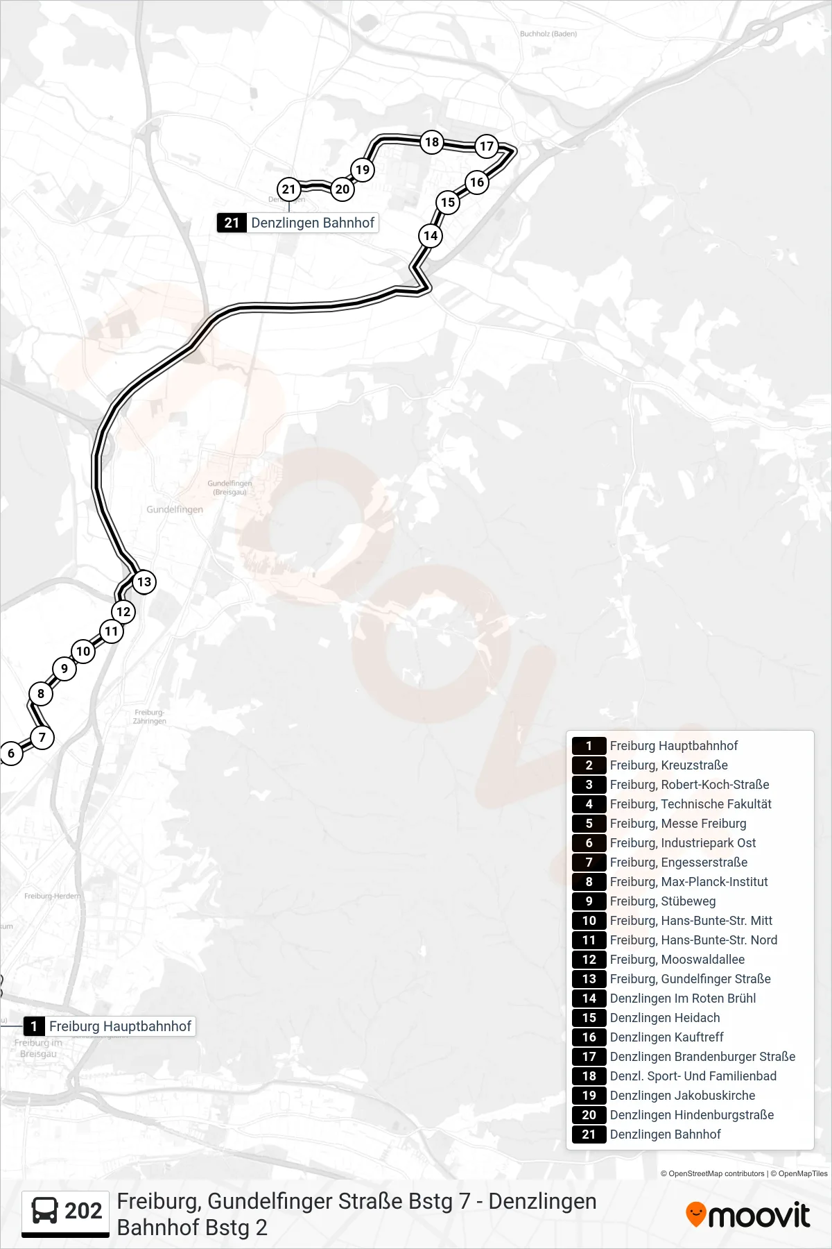 Linie 202 (Bus) Richtung Denzlingen Bahnhof: Route und Haltestellen auf der Karte