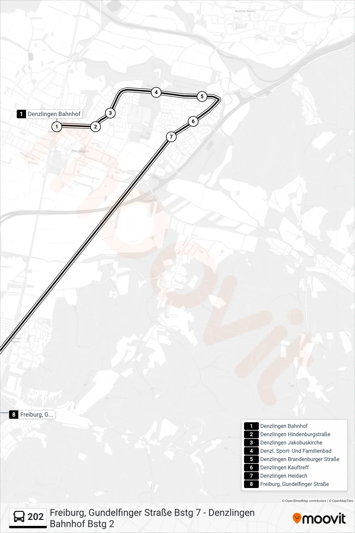 Linie 202 (Bus) Richtung Freiburg, Gundelfinger Straße: Route und Haltestellen auf der Karte