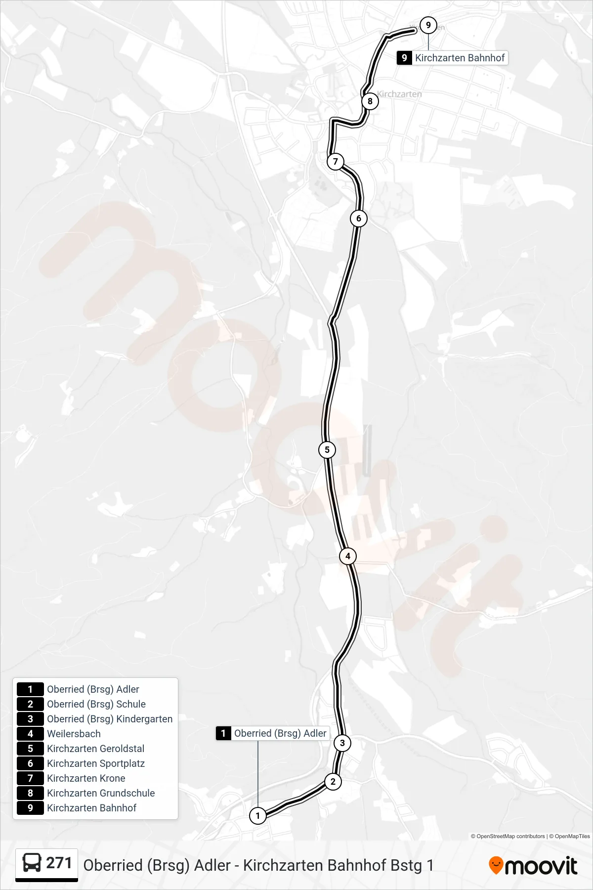 Linie 271 (Bus) Richtung Kirchzarten Bahnhof: Route und Haltestellen auf der Karte