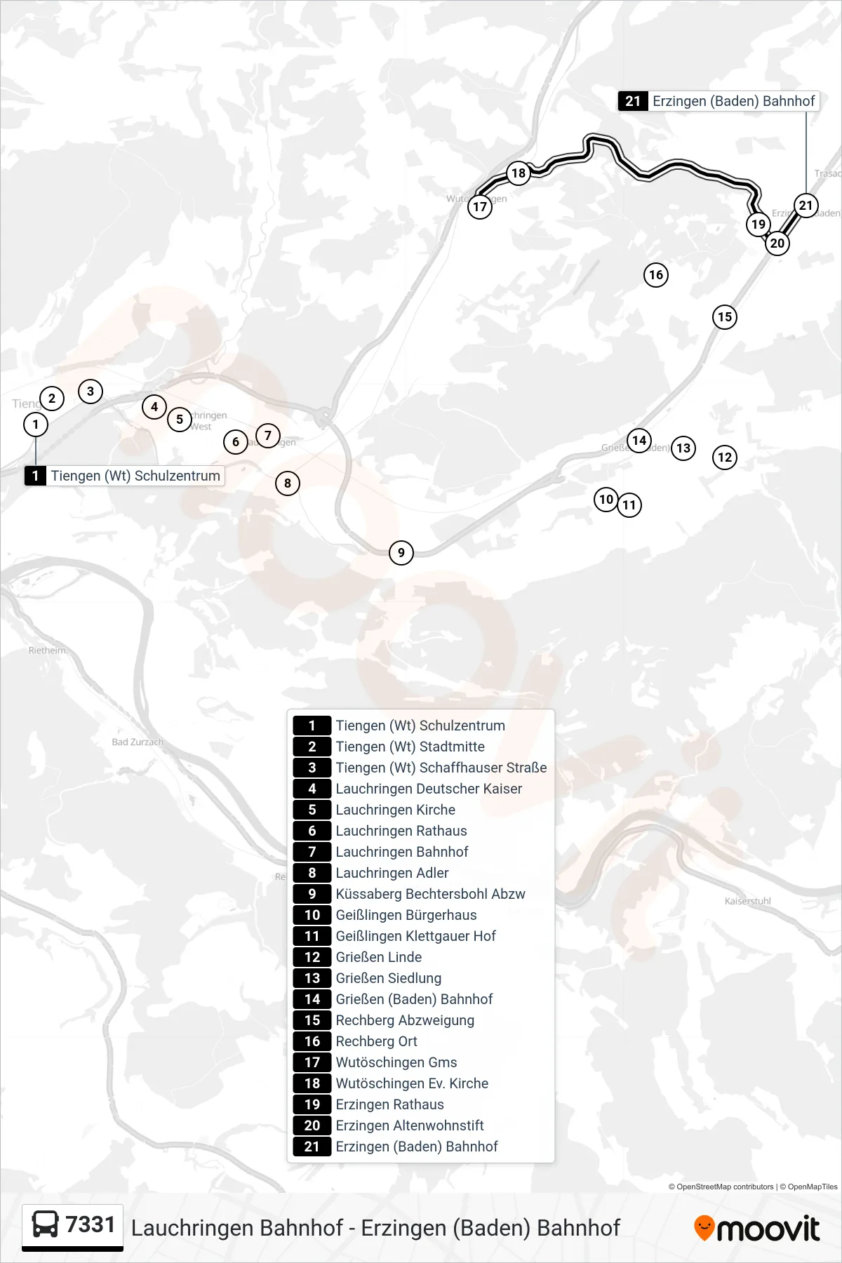 7331 bus Line (Erzingen (Baden) Bahnhof) route and stops on a map