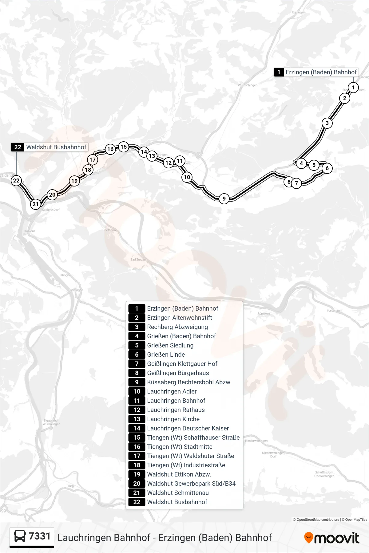 7331 bus Line (Waldshut Busbahnhof) route and stops on a map
