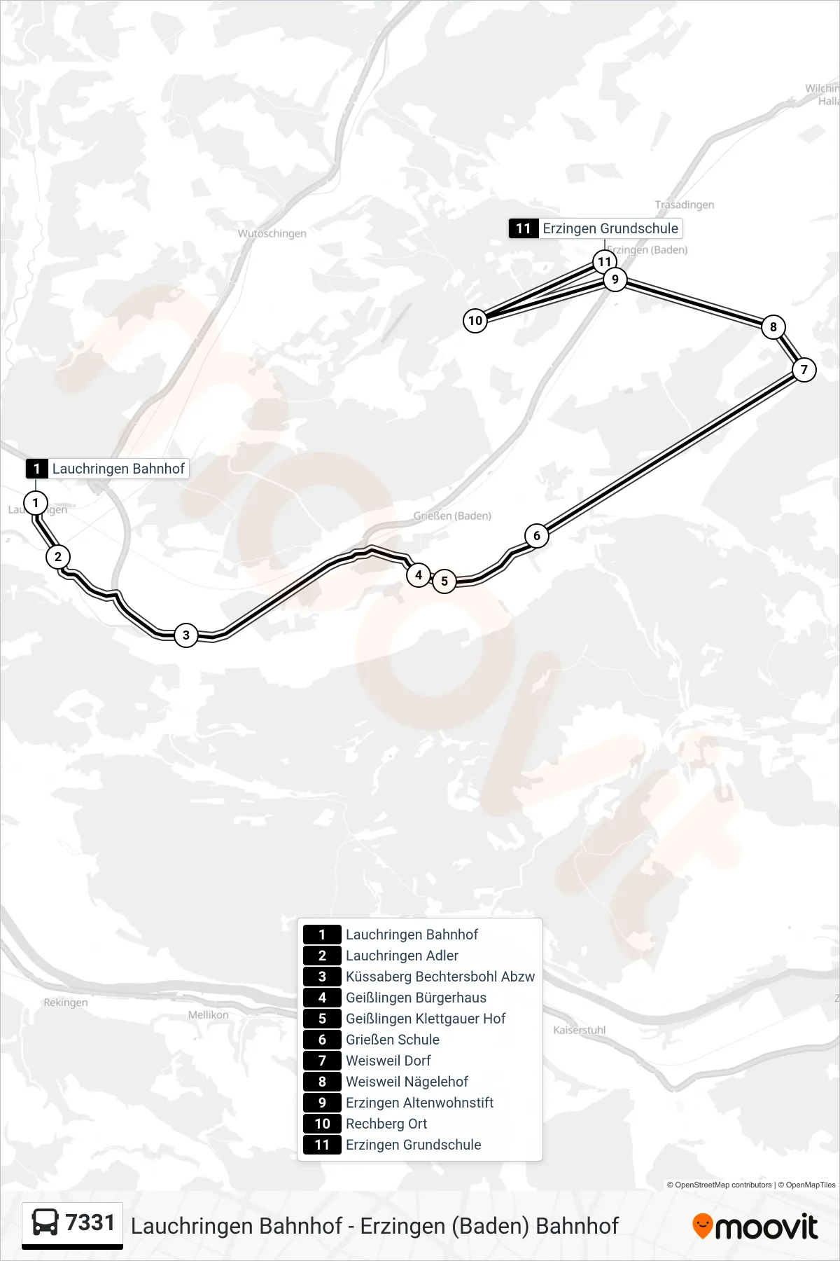 7331 bus Line (Erzingen Grundschule) route and stops on a map