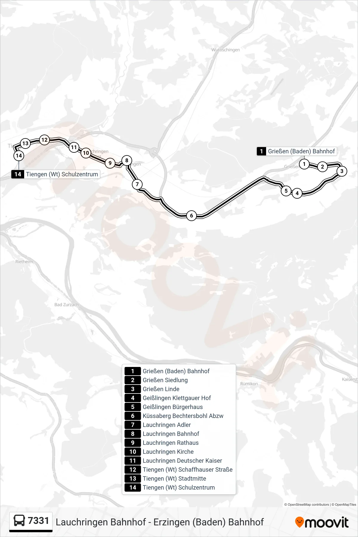 7331 bus Line (Tiengen (Wt) Schulzentrum) route and stops on a map