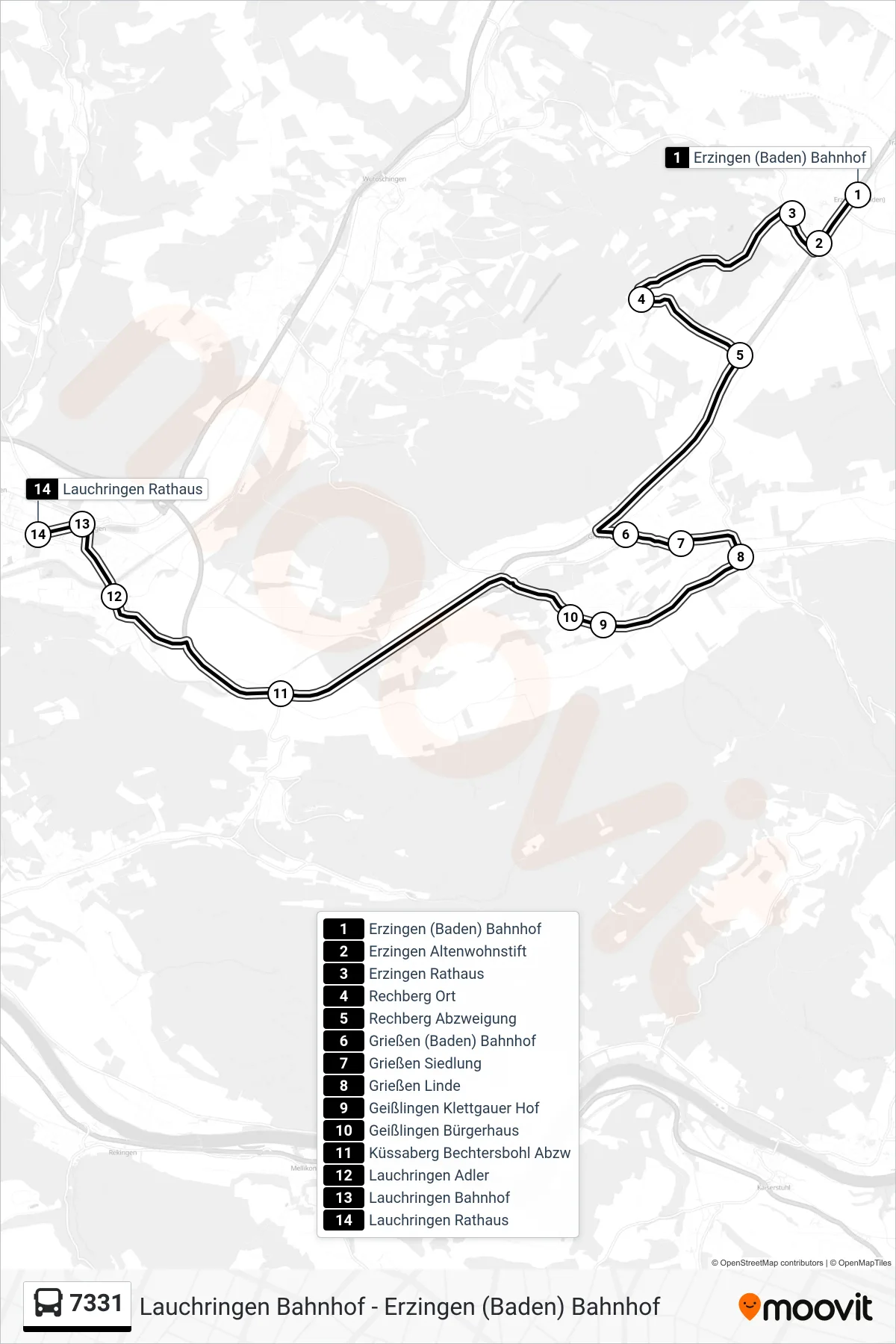 7331 bus Line (Lauchringen Rathaus) route and stops on a map