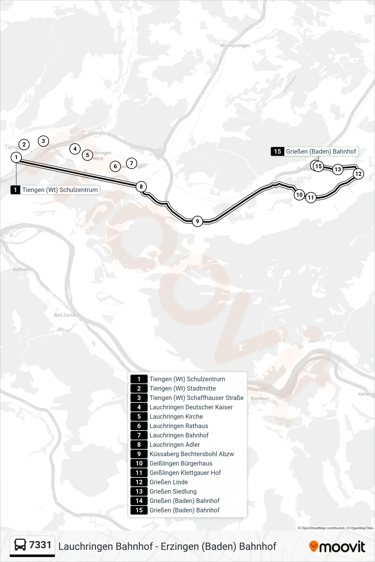 7331 bus Line (Grießen (Baden) Bahnhof) route and stops on a map