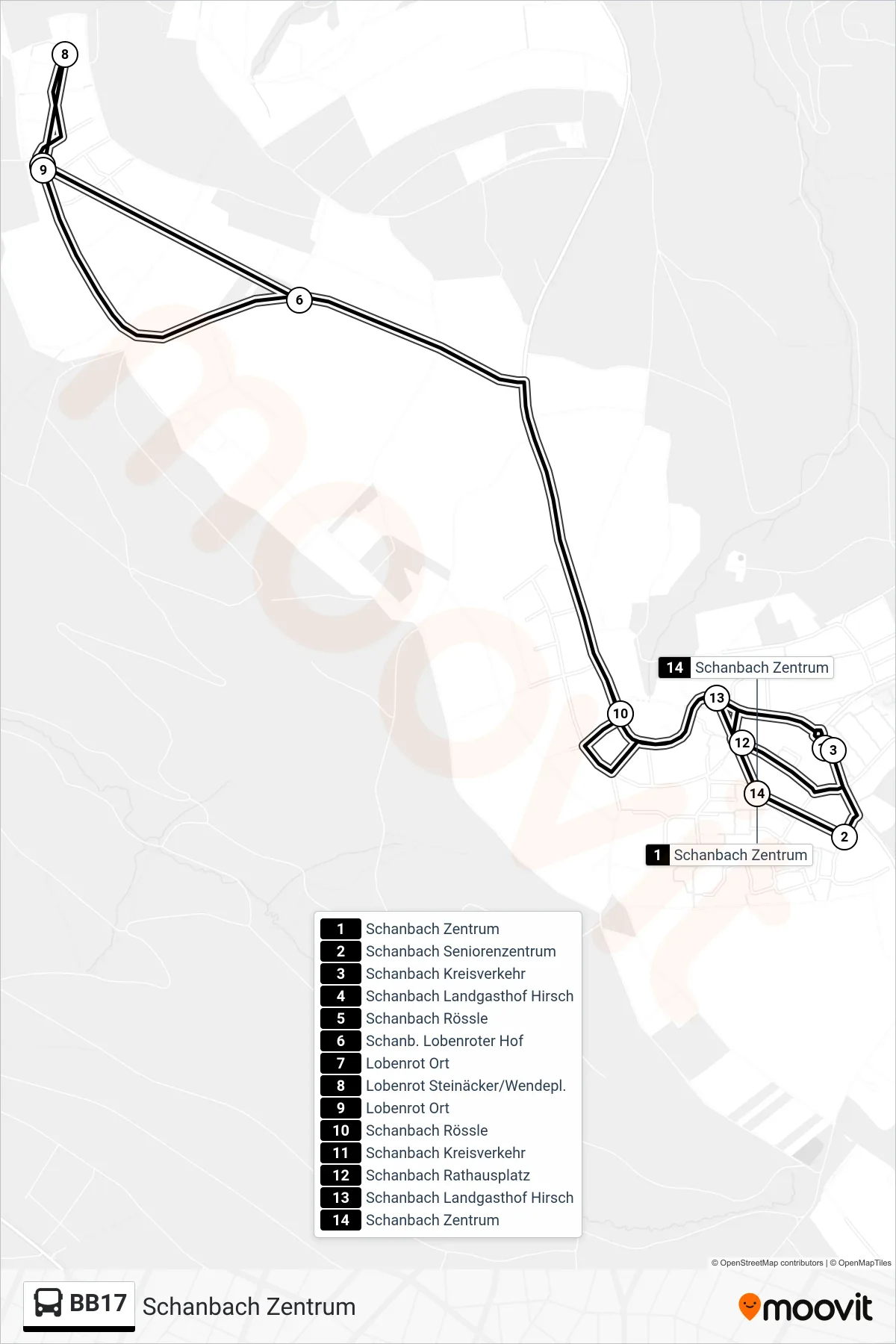 Linie BB17 (Bus) Richtung Schanbach Zentrum: Route und Haltestellen auf der Karte