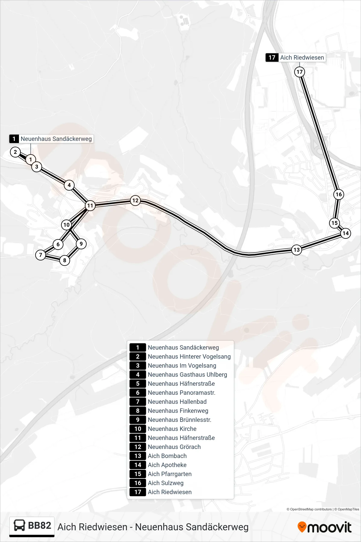BB82 bus Line (Aich Riedwiesen) route and stops on a map