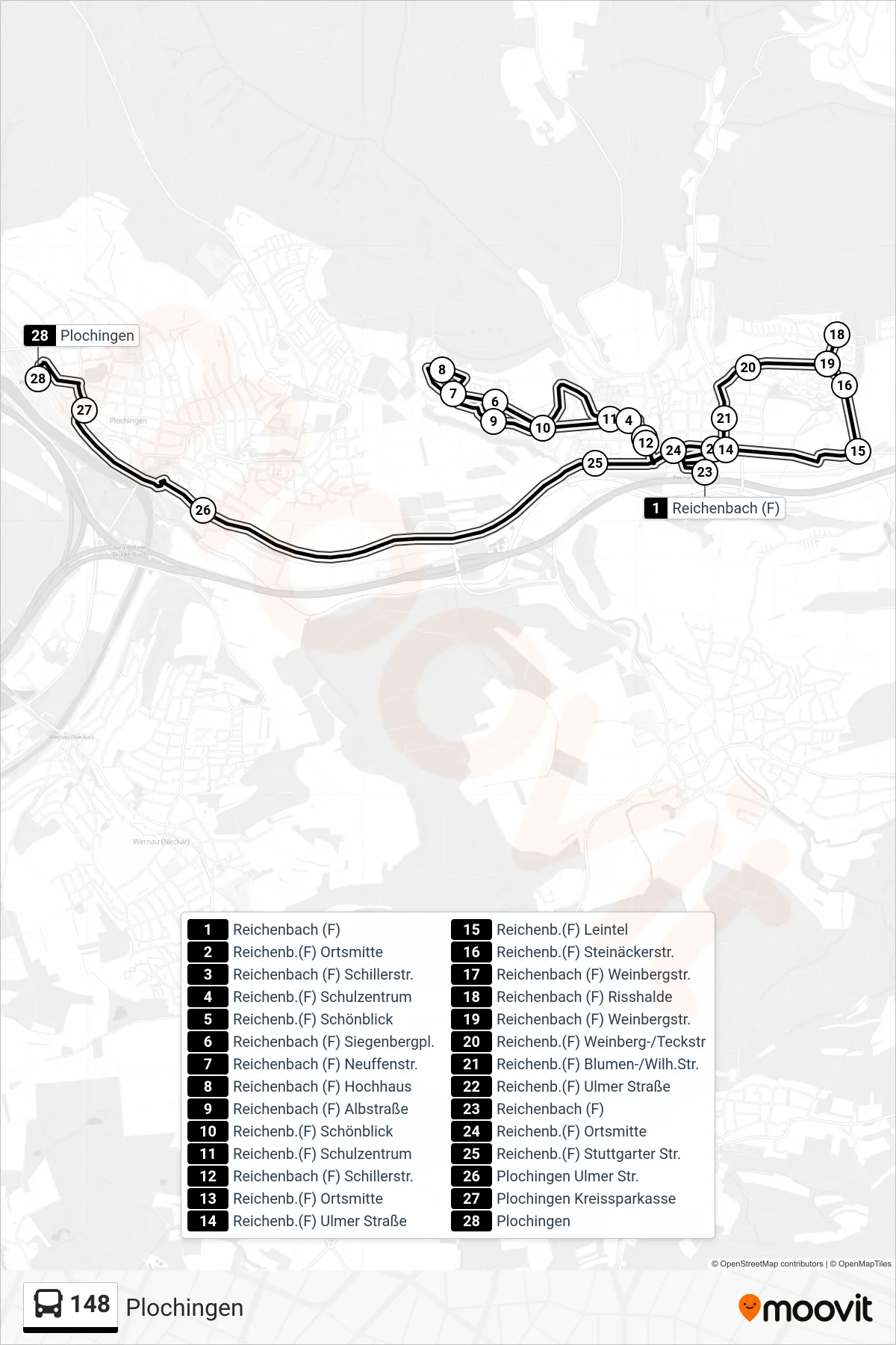 148 bus Line (Plochingen) route and stops on a map