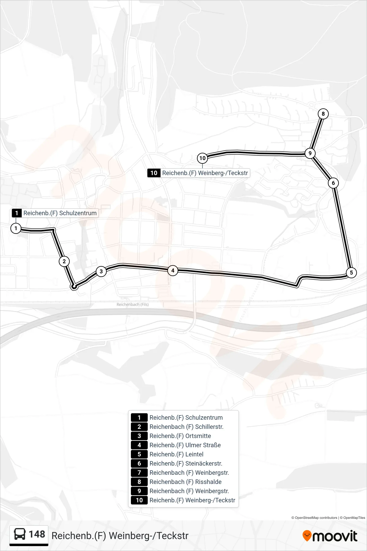 148 bus Line (Reichenb.(F) Weinberg-/Teckstr) route and stops on a map