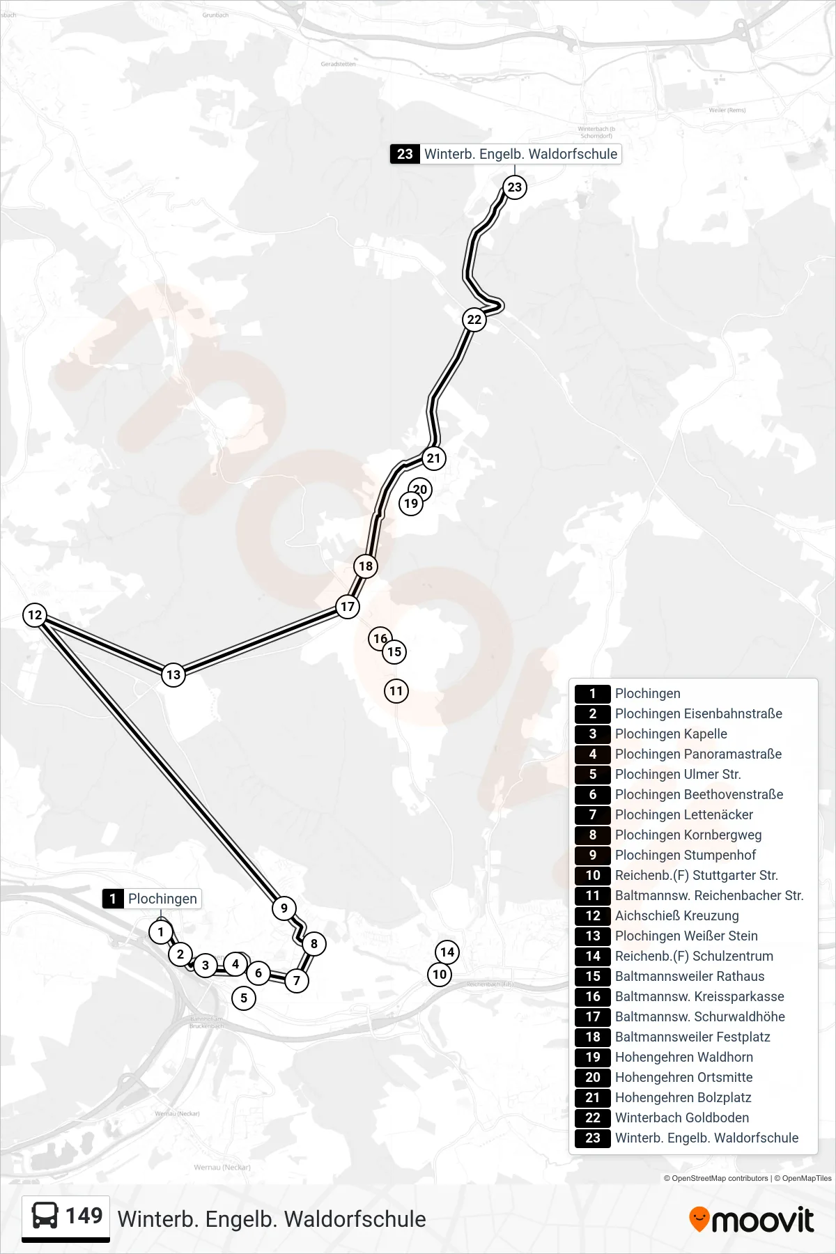 149 bus Line (Winterb. Engelb. Waldorfschule) route and stops on a map