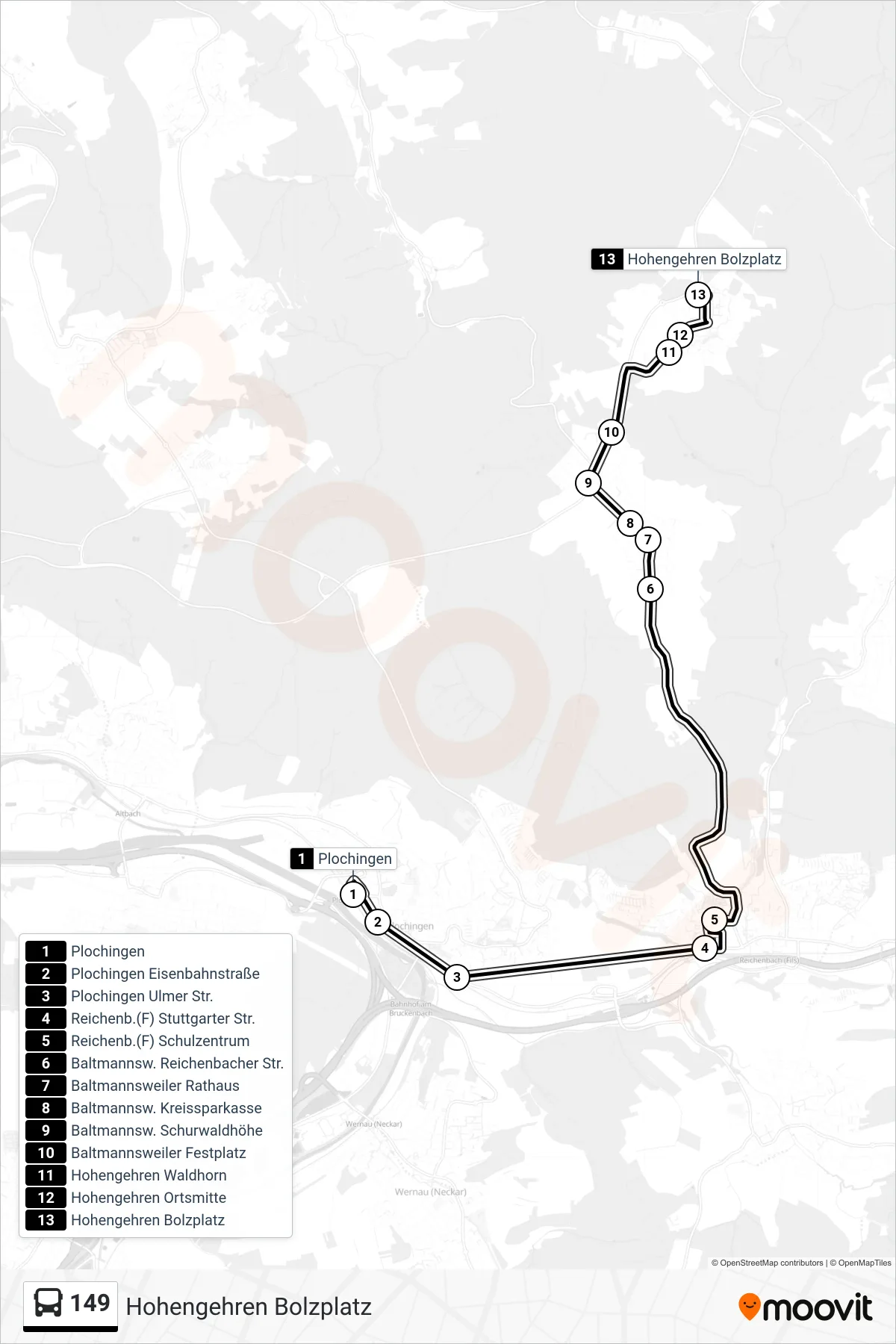 149 bus Line (Hohengehren Bolzplatz) route and stops on a map