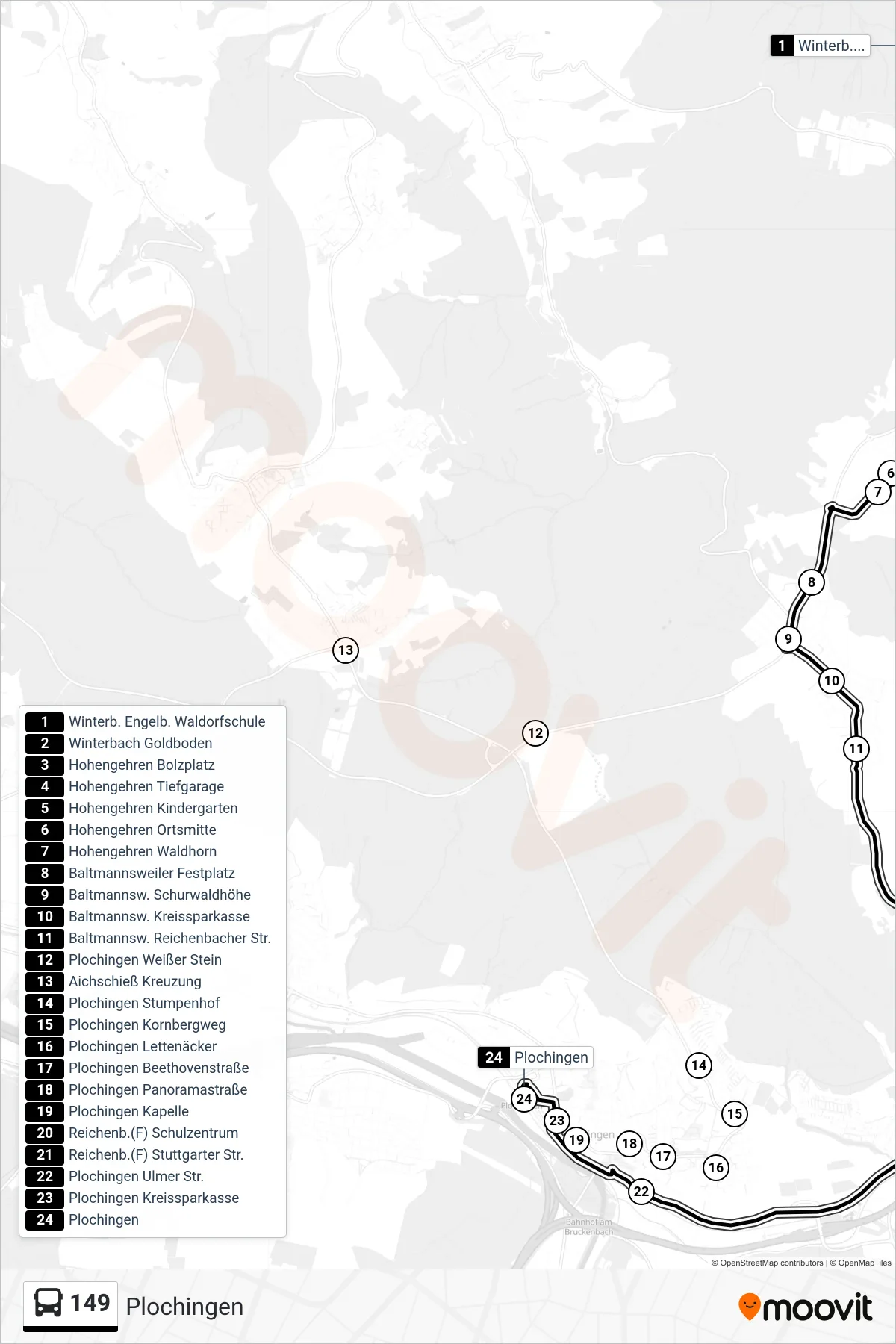 149 bus Line (Plochingen) route and stops on a map