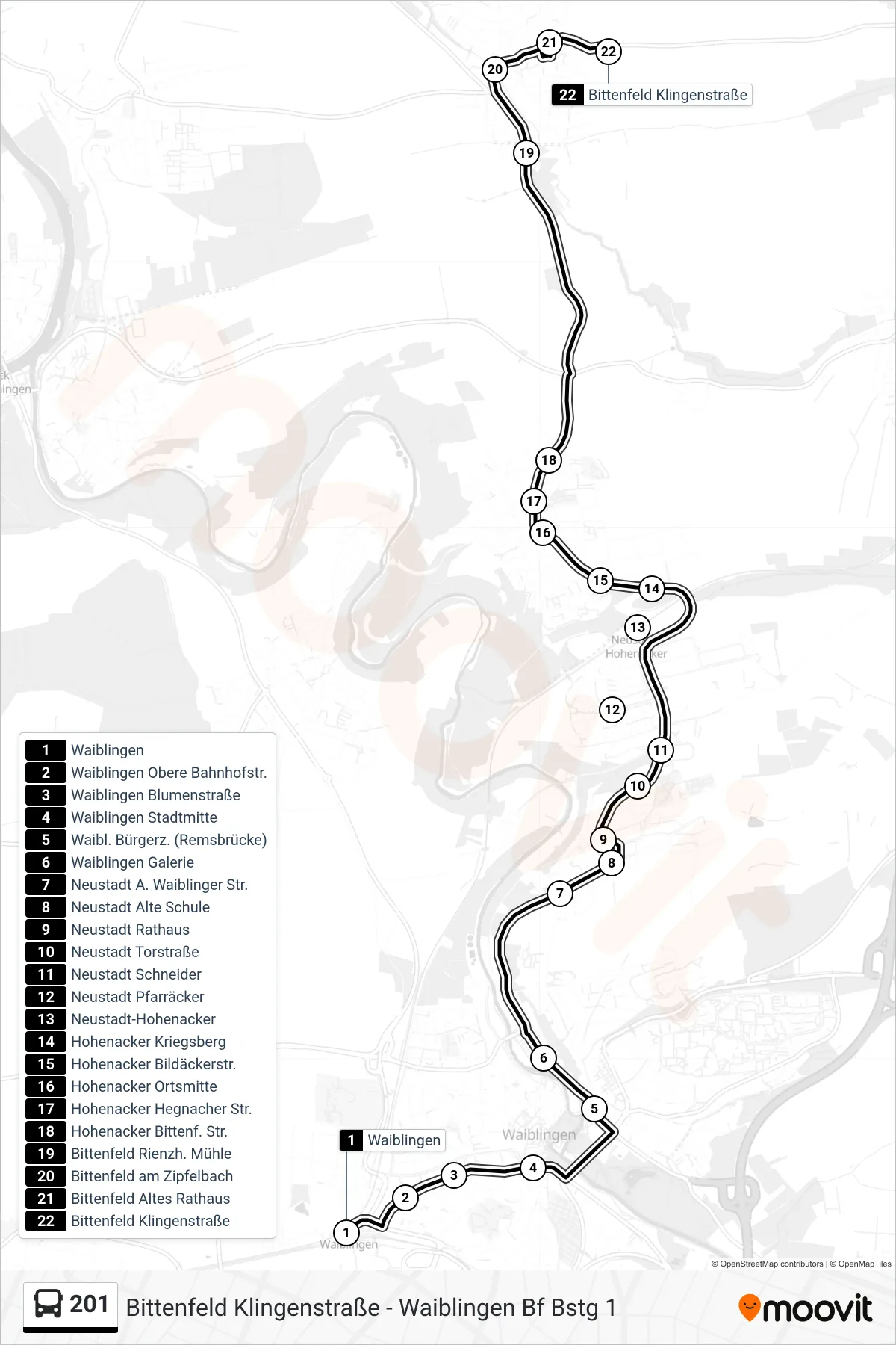 201 bus Line (Bittenfeld Klingenstraße) route and stops on a map