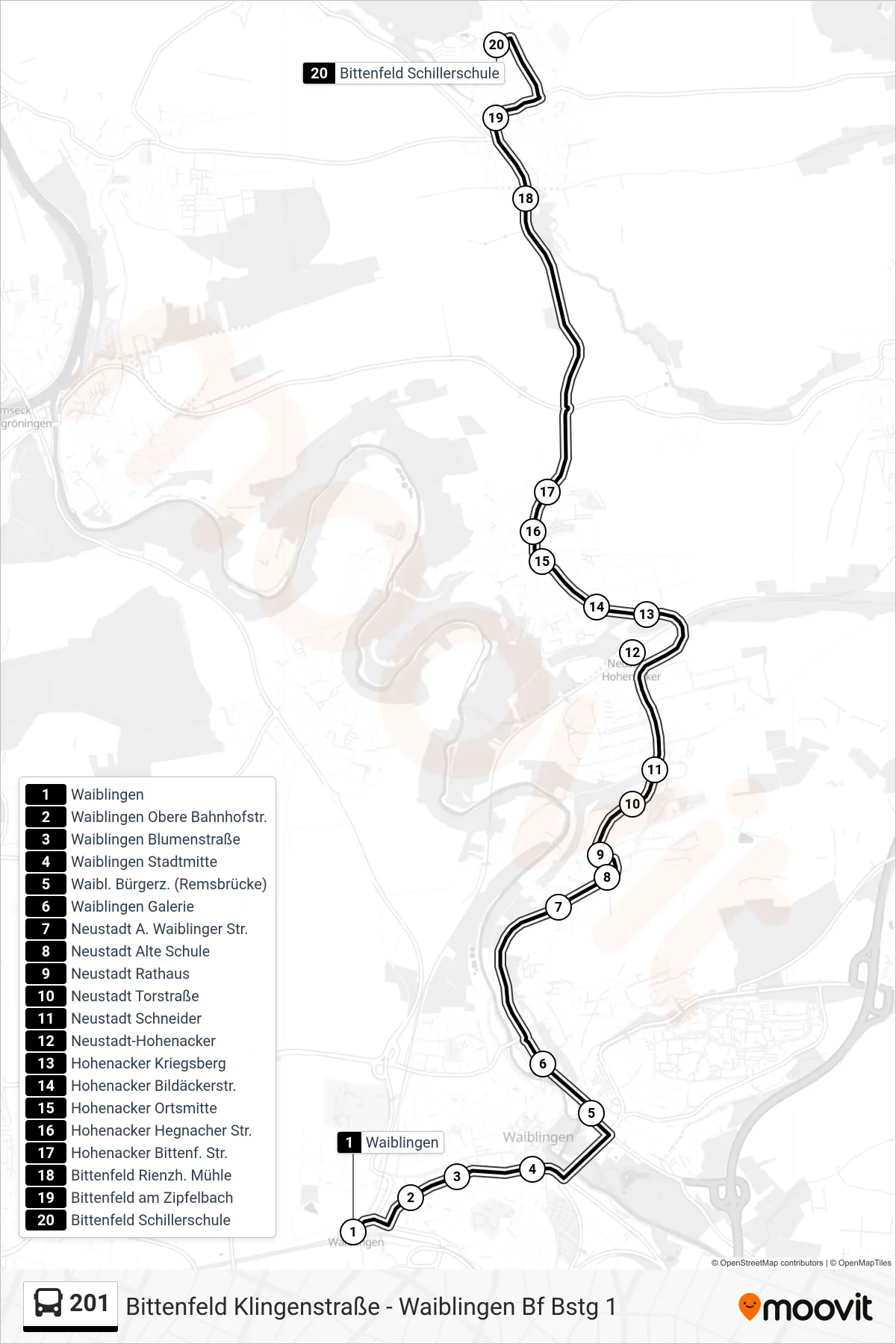 201 bus Line (Bittenfeld Schillerschule) route and stops on a map