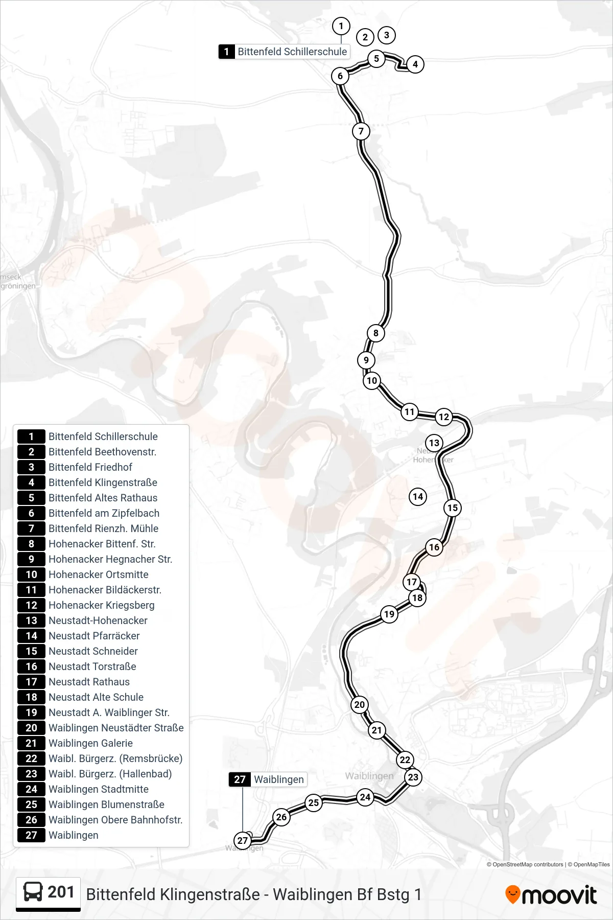 Linie 201 (Bus) Richtung Waiblingen: Route und Haltestellen auf der Karte