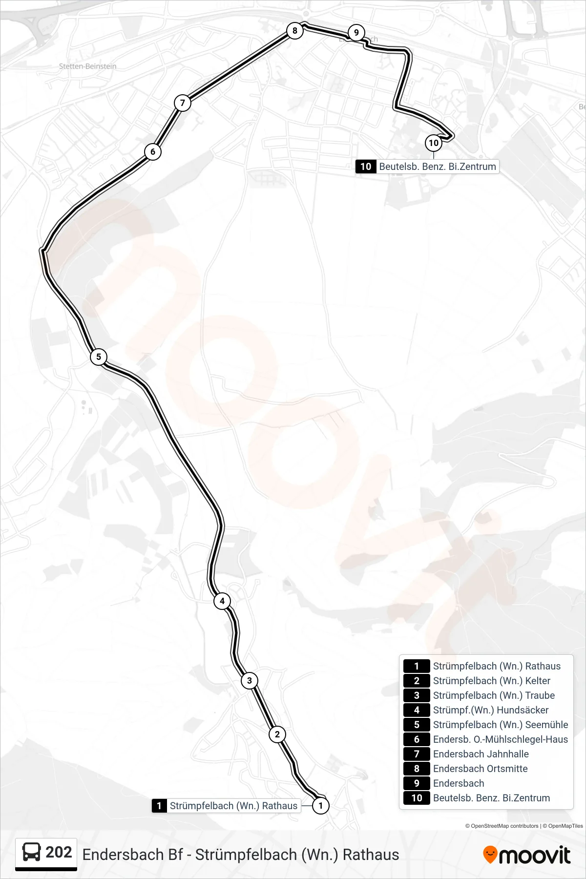 202 bus Line (Beutelsb. Benz. Bi.Zentrum) route and stops on a map