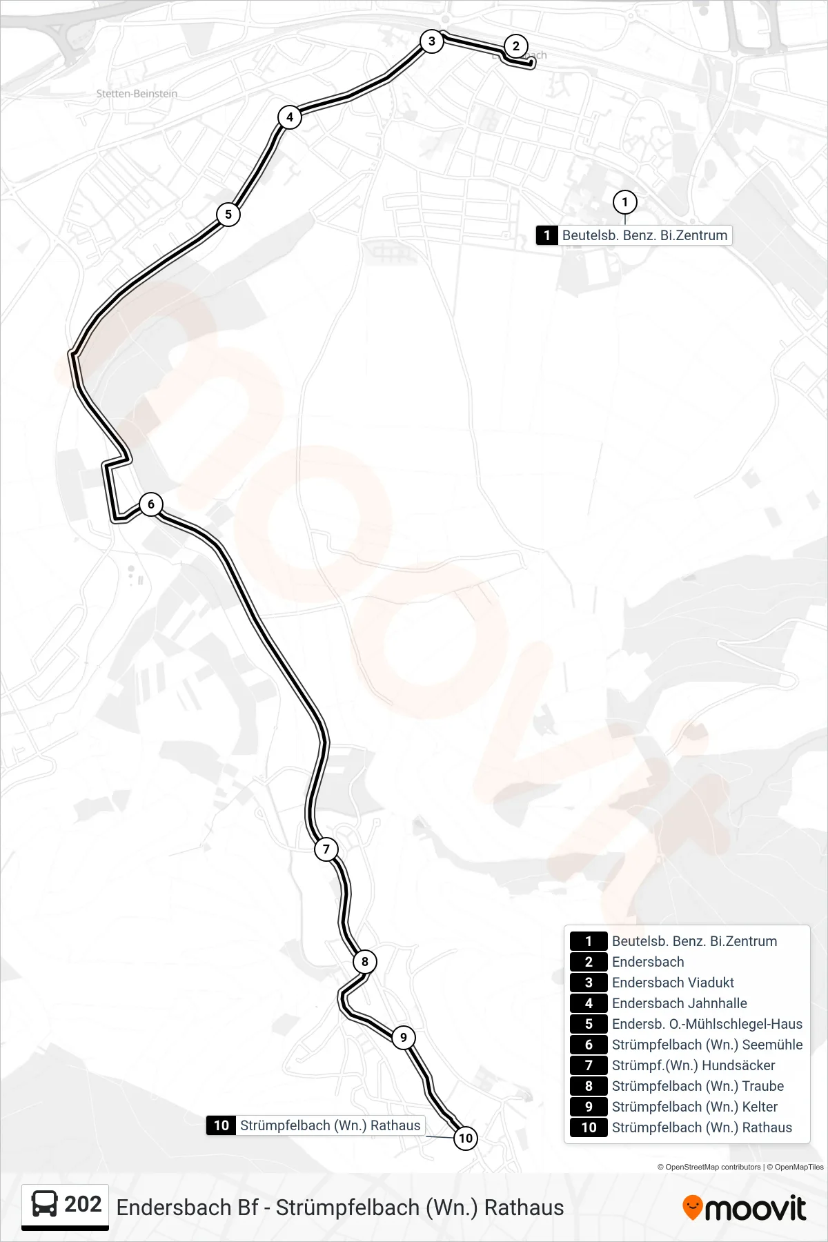 Linie 202 (Bus) Richtung Strümpfelbach (Wn.) Rathaus: Route und Haltestellen auf der Karte