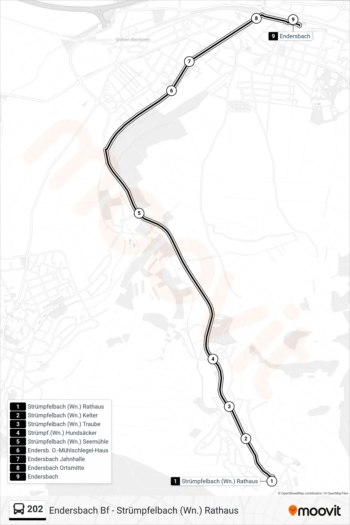 202 bus Line (Endersbach) route and stops on a map