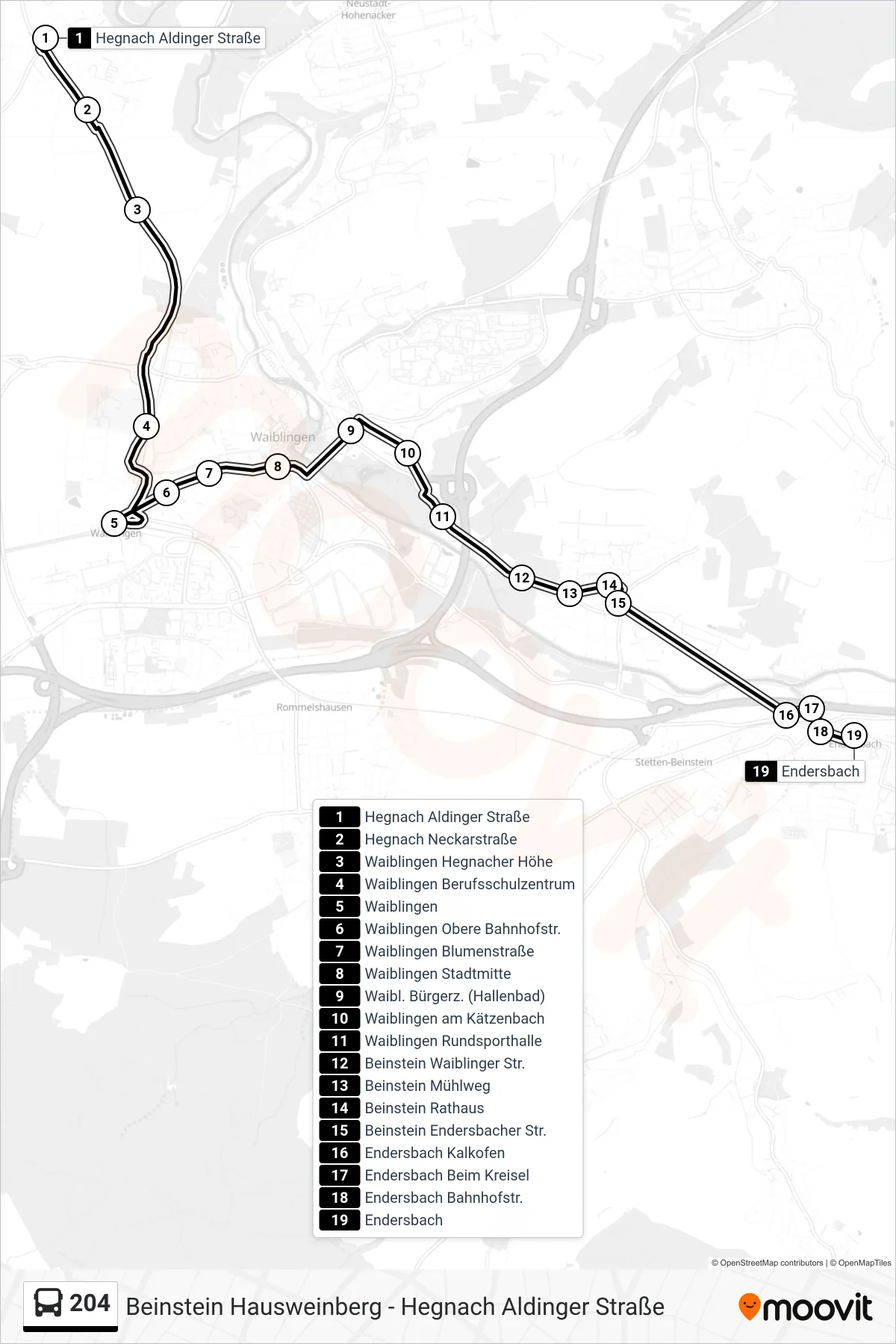 Linie 204 (Bus) Richtung Endersbach: Route und Haltestellen auf der Karte