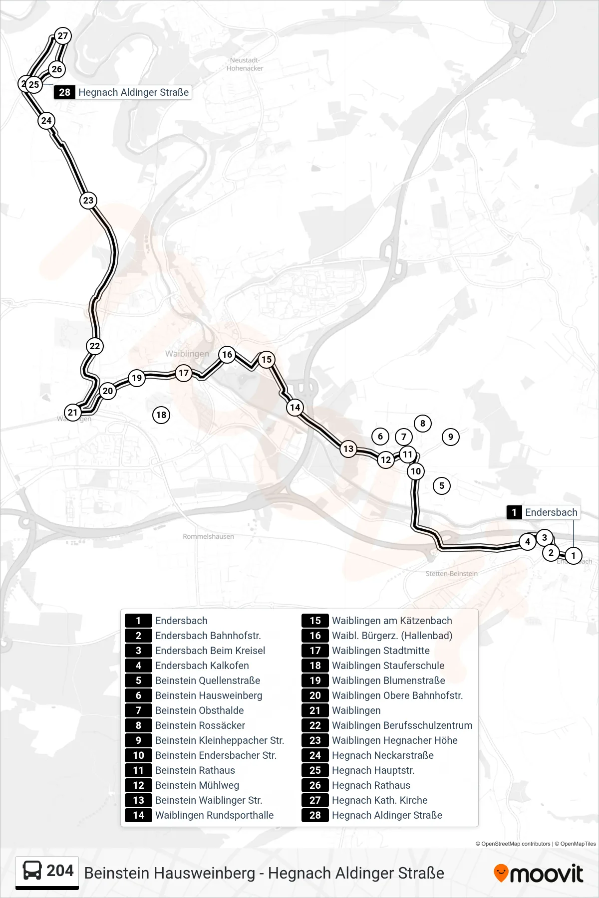204 bus Line (Hegnach Aldinger Straße) route and stops on a map