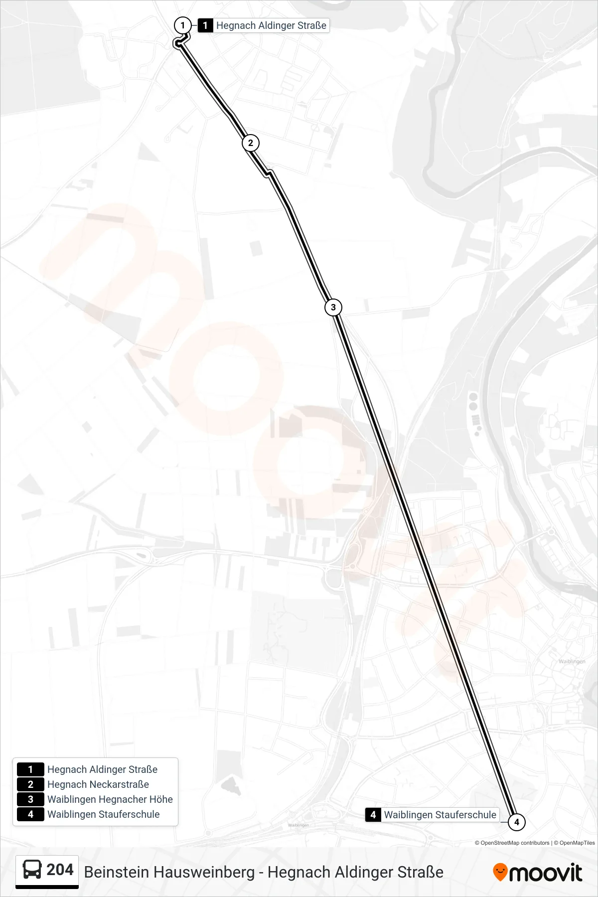 204 bus Line (Waiblingen Stauferschule) route and stops on a map