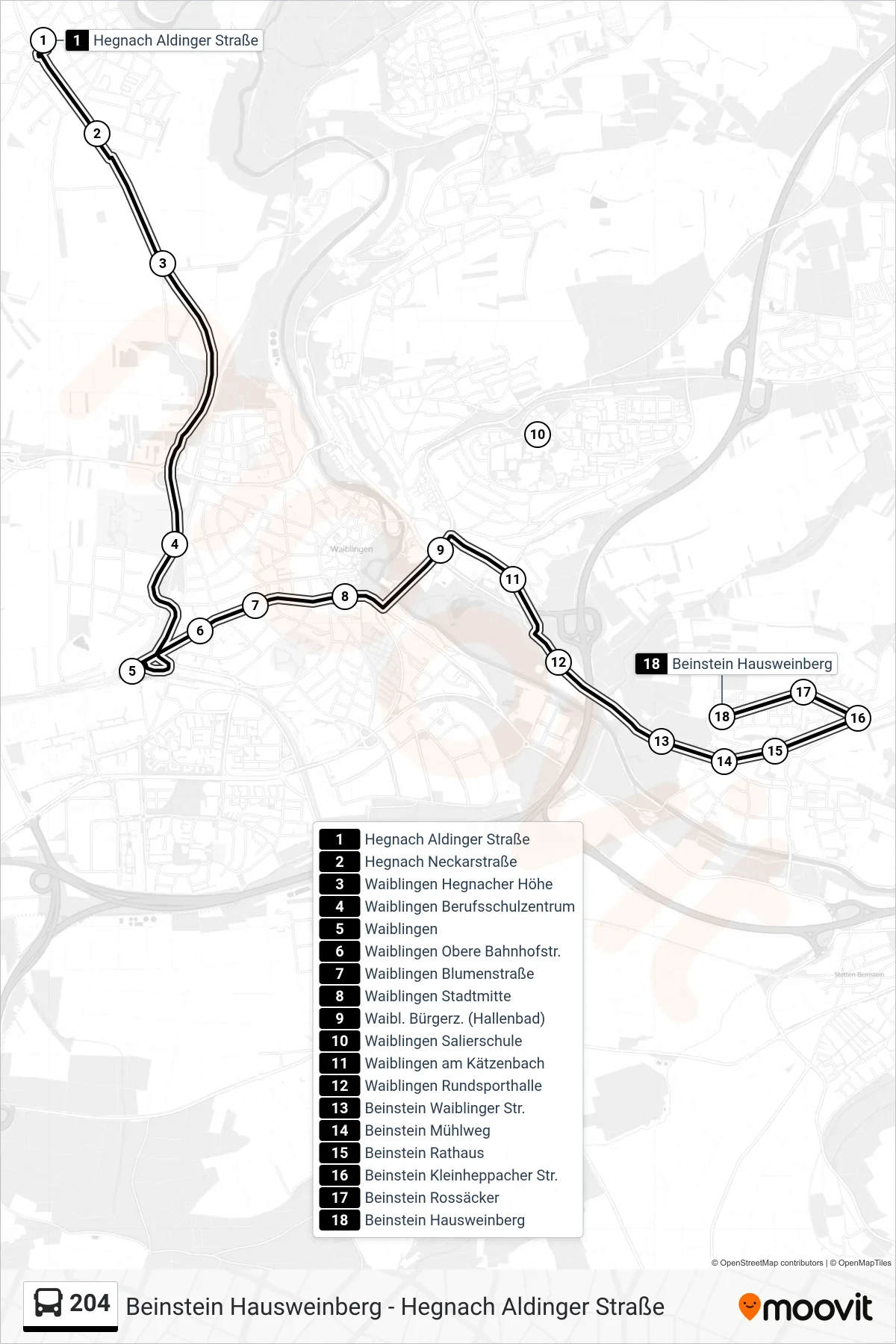 204 bus Line (Beinstein Hausweinberg) route and stops on a map