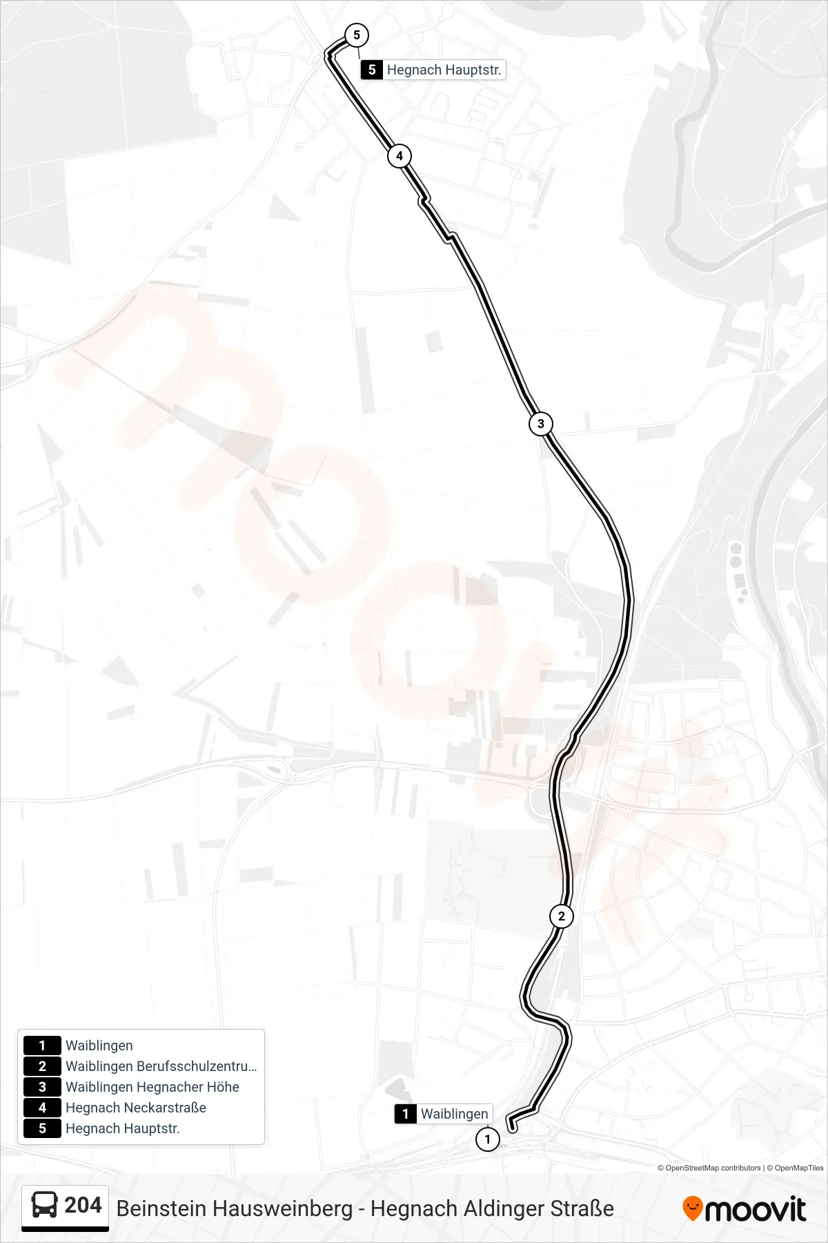 204 bus Line (Hegnach Hauptstr.) route and stops on a map