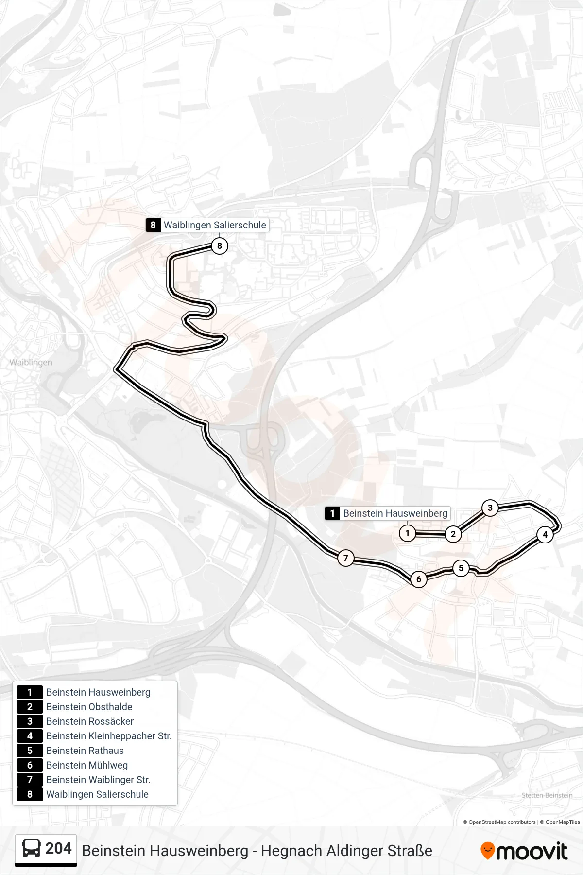 204 bus Line (Waiblingen Salierschule) route and stops on a map