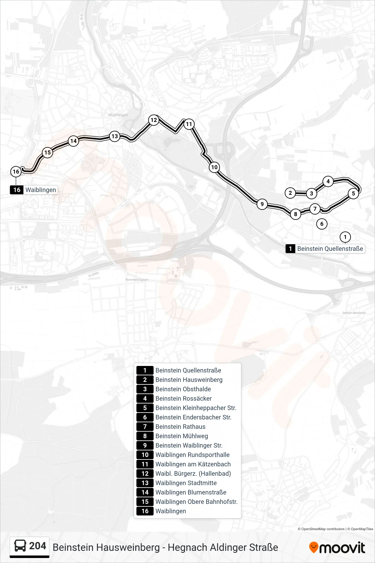 204 bus Line (Waiblingen) route and stops on a map