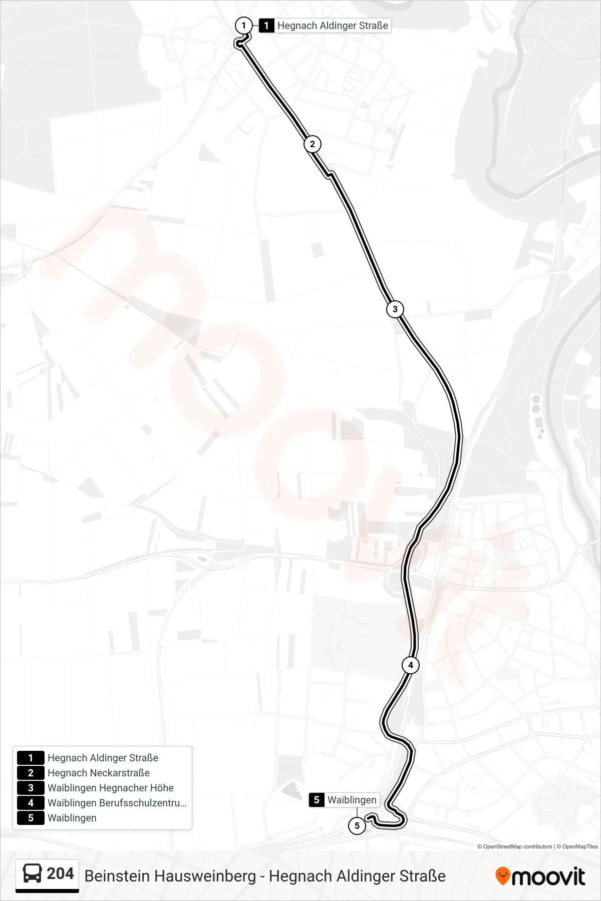 204 bus Line (Waiblingen) route and stops on a map