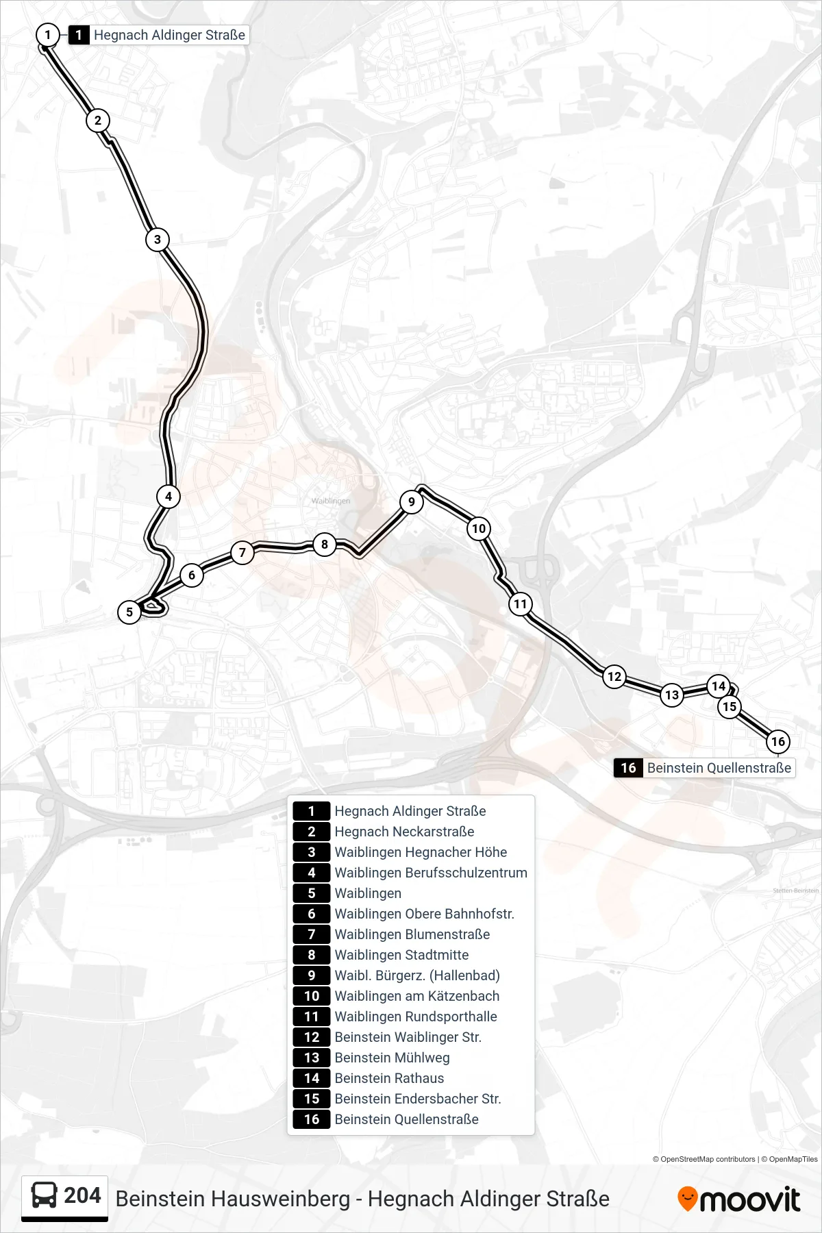 204 bus Line (Beinstein Quellenstraße) route and stops on a map