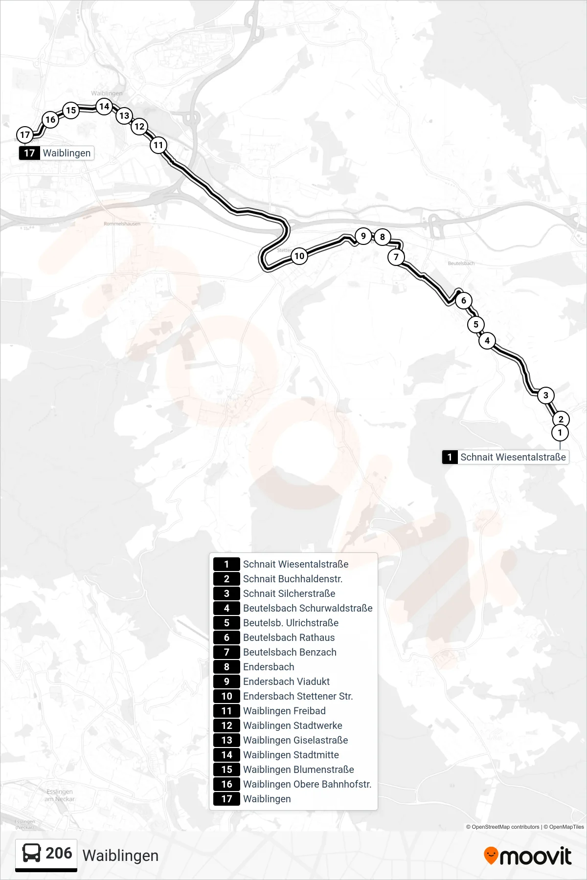206 bus Line (Waiblingen) route and stops on a map