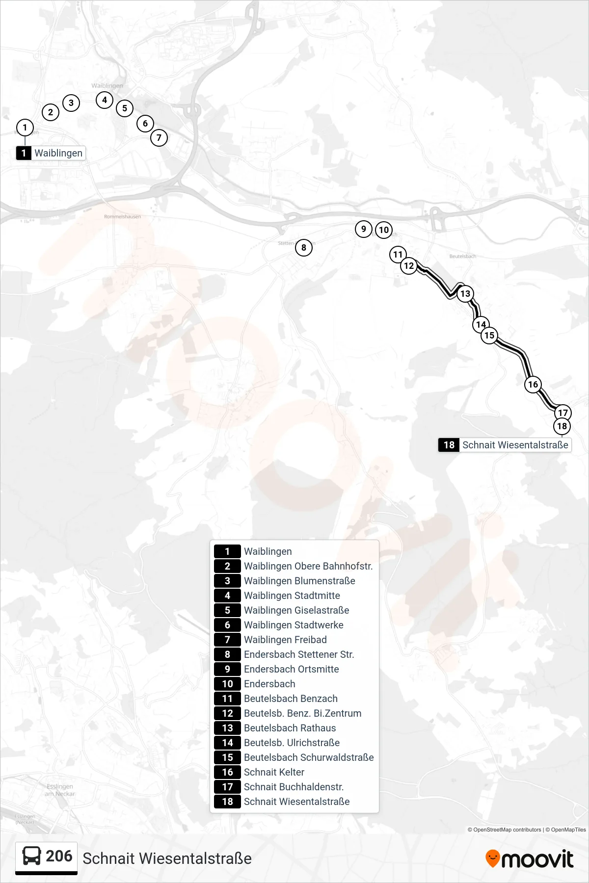 Linie 206 (Bus) Richtung Schnait Wiesentalstraße: Route und Haltestellen auf der Karte