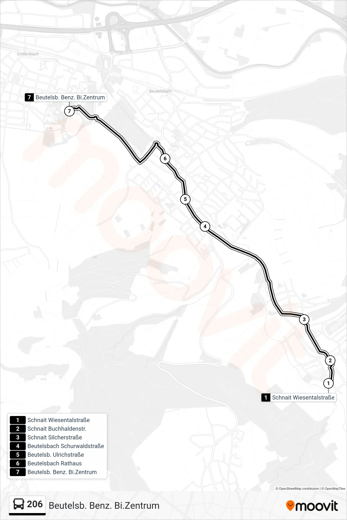 206 bus Line (Beutelsb. Benz. Bi.Zentrum) route and stops on a map