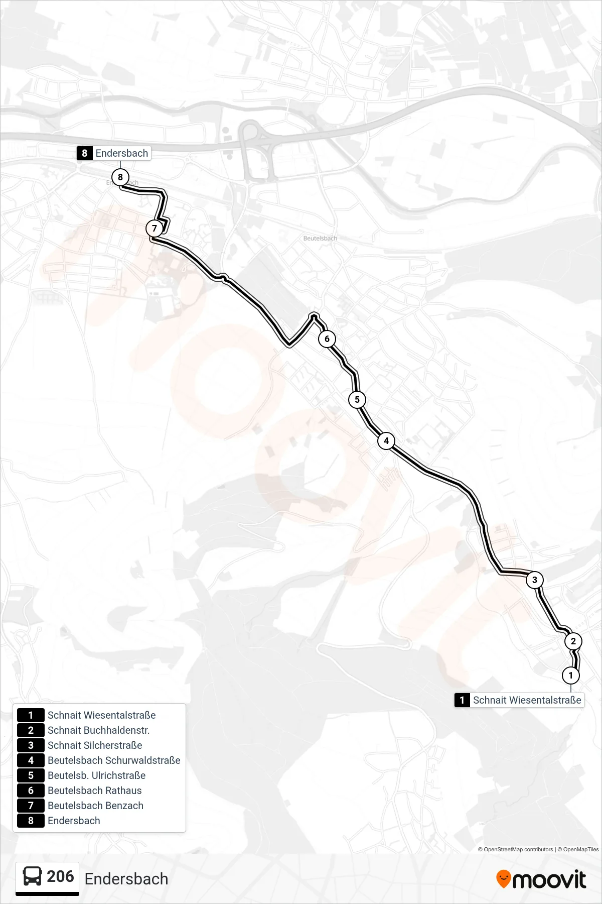 206 bus Line (Endersbach) route and stops on a map
