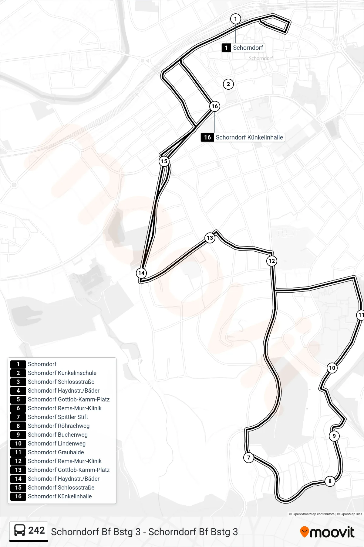 Linie 242 (Bus) Richtung Schorndorf: Route und Haltestellen auf der Karte