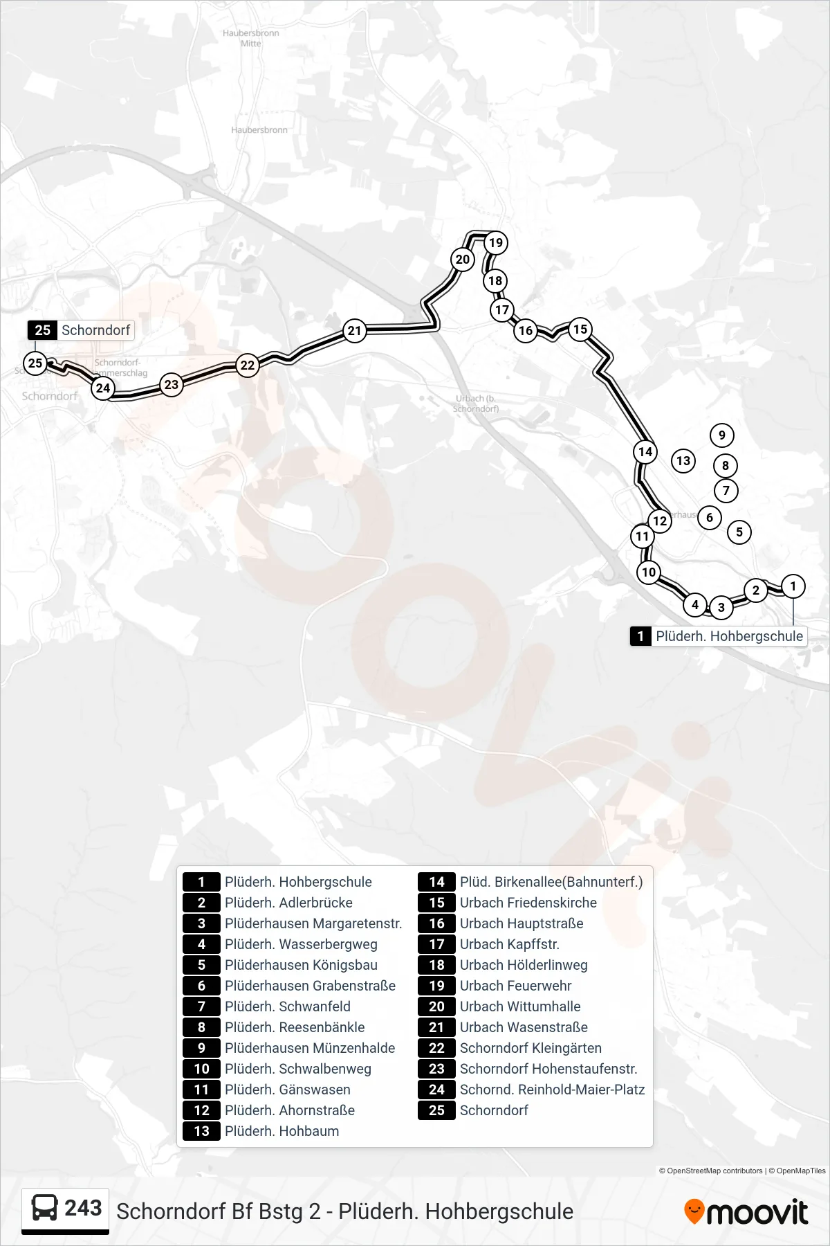243 bus Line (Schorndorf) route and stops on a map