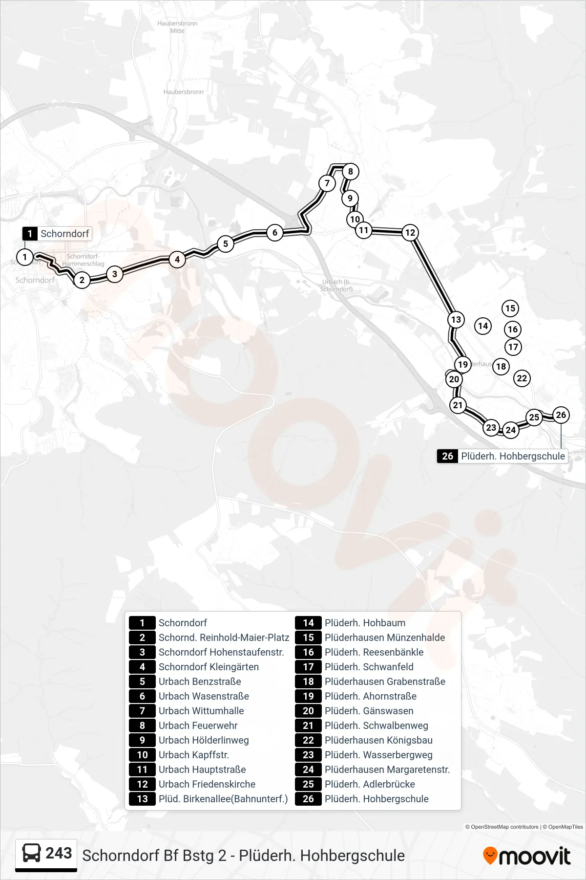 243 bus Line (Plüderh. Hohbergschule) route and stops on a map