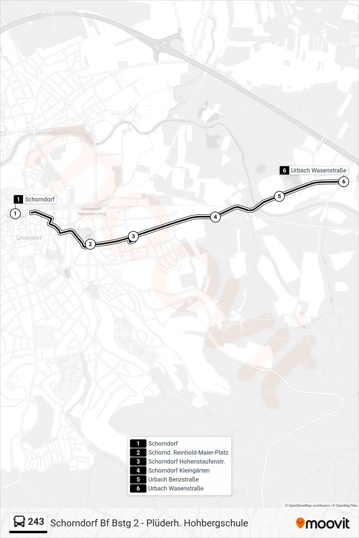 Linie 243 (Bus) Richtung Urbach Wasenstraße: Route und Haltestellen auf der Karte