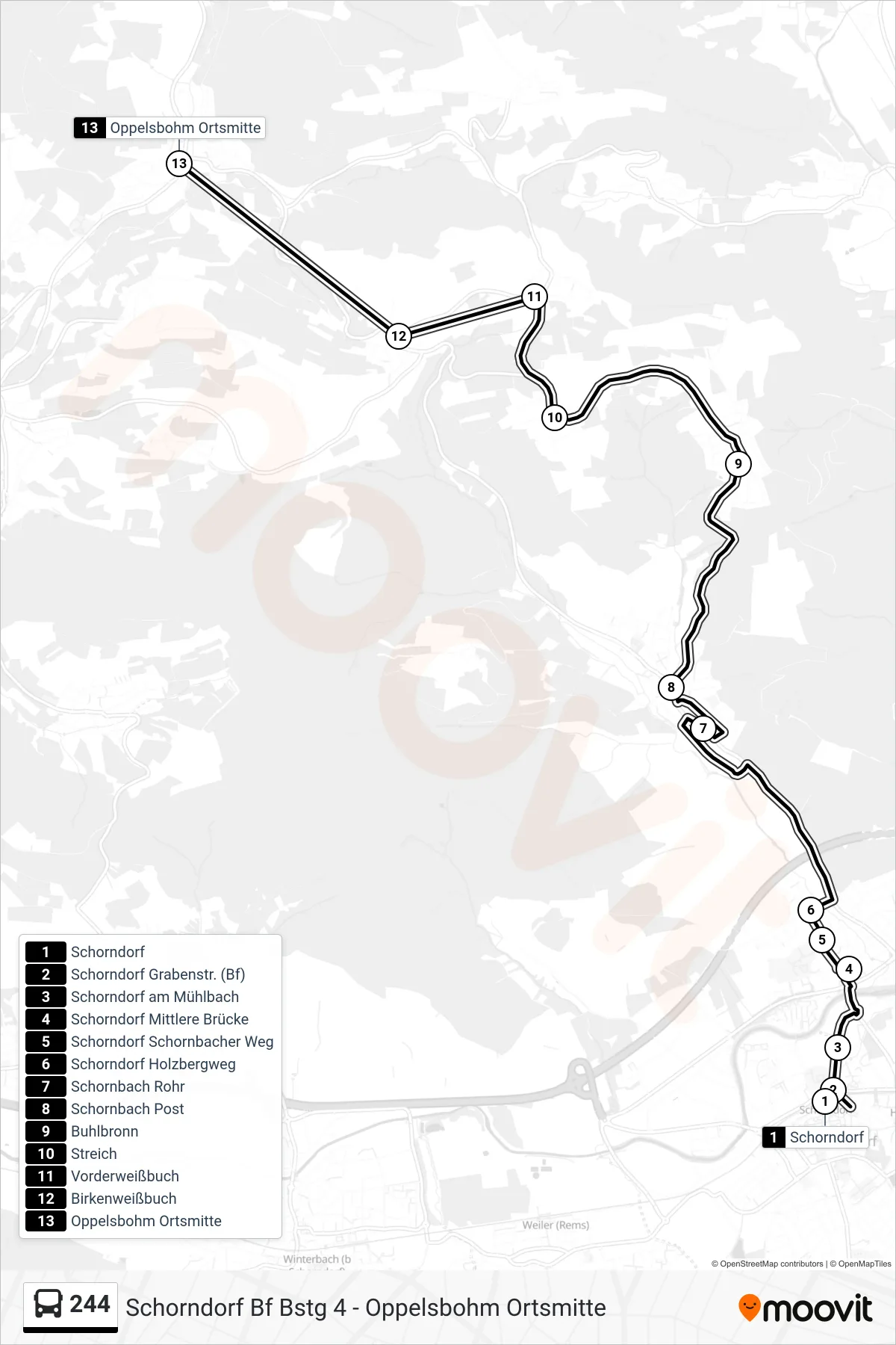 244 bus Line (Oppelsbohm Ortsmitte) route and stops on a map